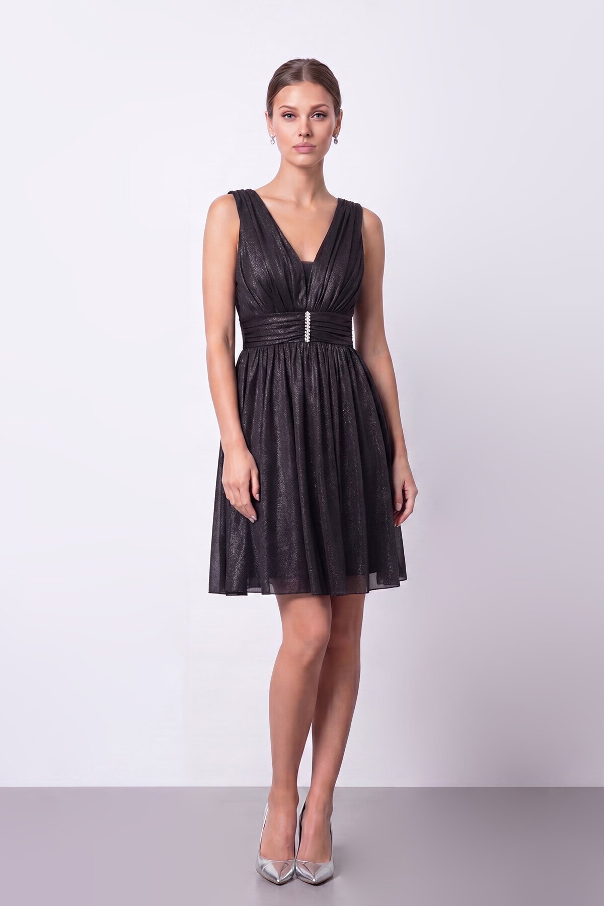 Bel Detaylı V Yaka Mini Elbise - 2203