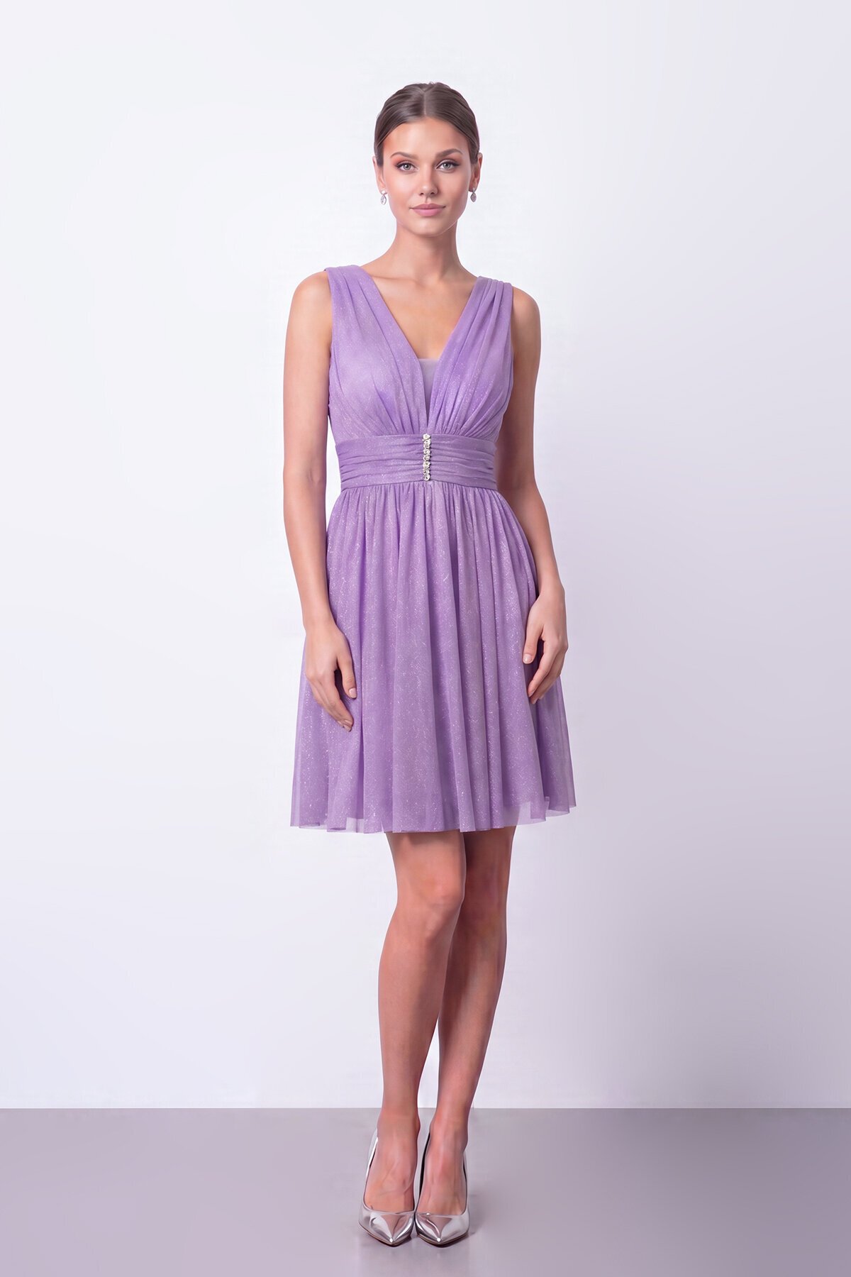 Bel Detaylı V Yaka Mini Elbise - 2203