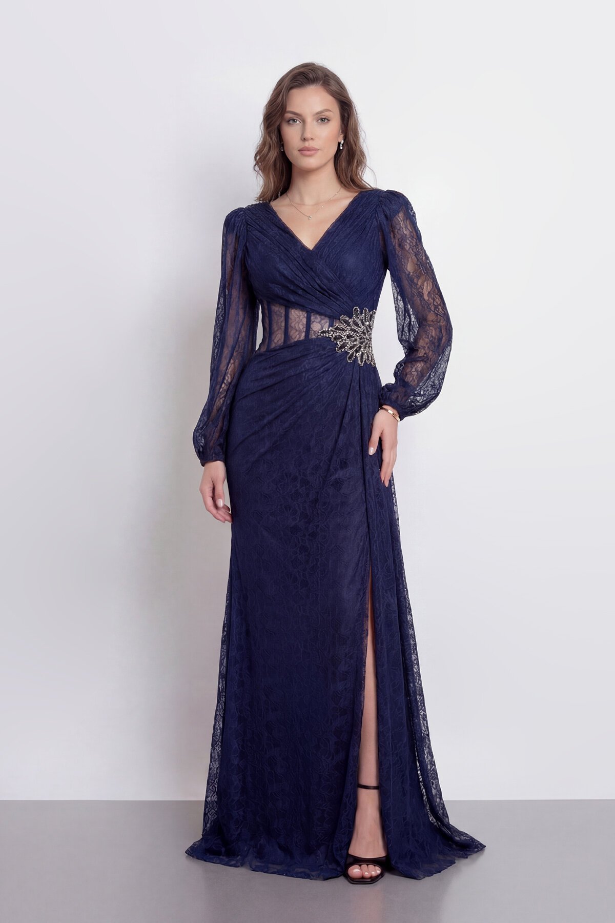 Dantel Drapeli V Yaka Yırtmaçlı Abiye - 2151