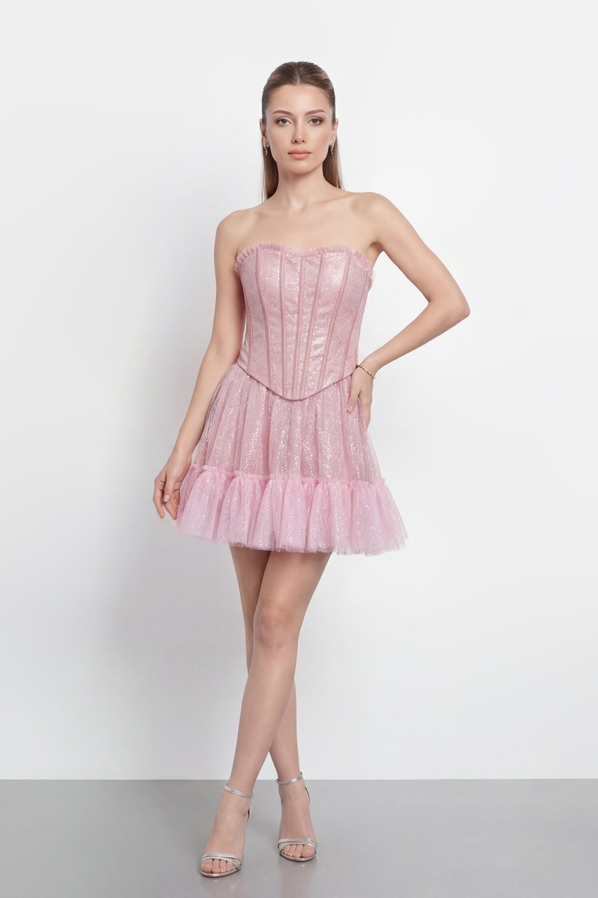 Straplez Korse Detaylı Kat Kat Fırfırlı Mini Abiye - 2147