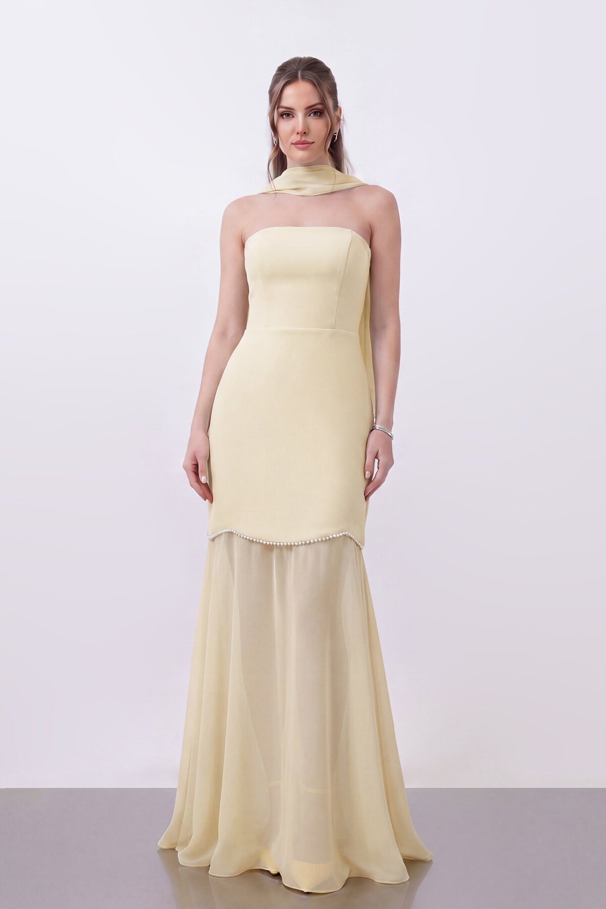 Straplez Yaka Şal Detaylı Transparan Etekli Uzun Abiye - 2171