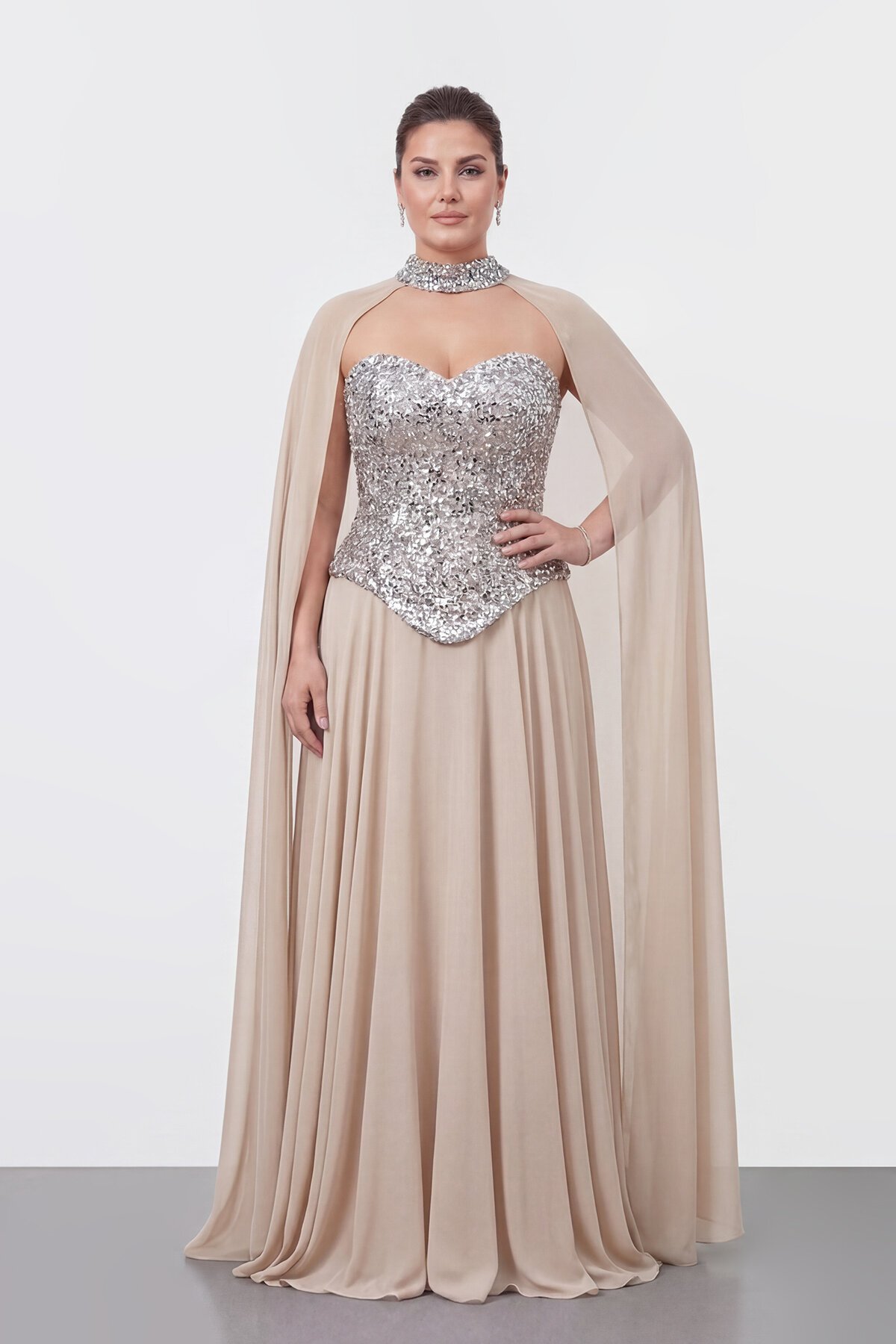 Taş İşlemeli Korse Detaylı Pelerinli Abiye - 2148