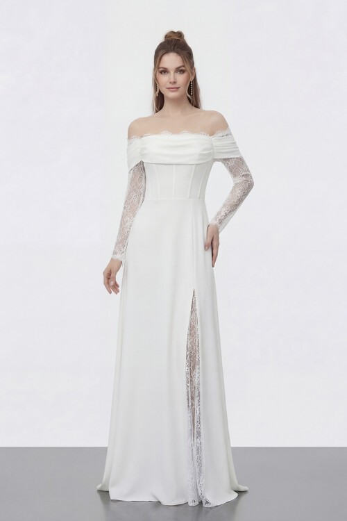 Dantel İşlemeli Yırtmaçlı Uzun Elbise - 2026