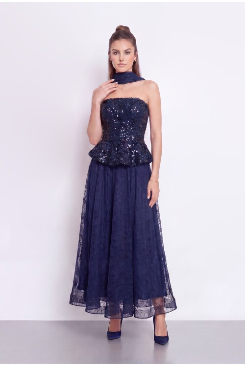 Straplez Payetli Şal Detaylı Midi Abiye - 2128