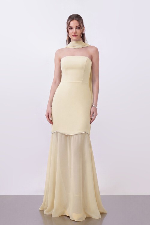 Straplez Yaka Şal Detaylı Transparan Etekli Uzun Abiye - 2171