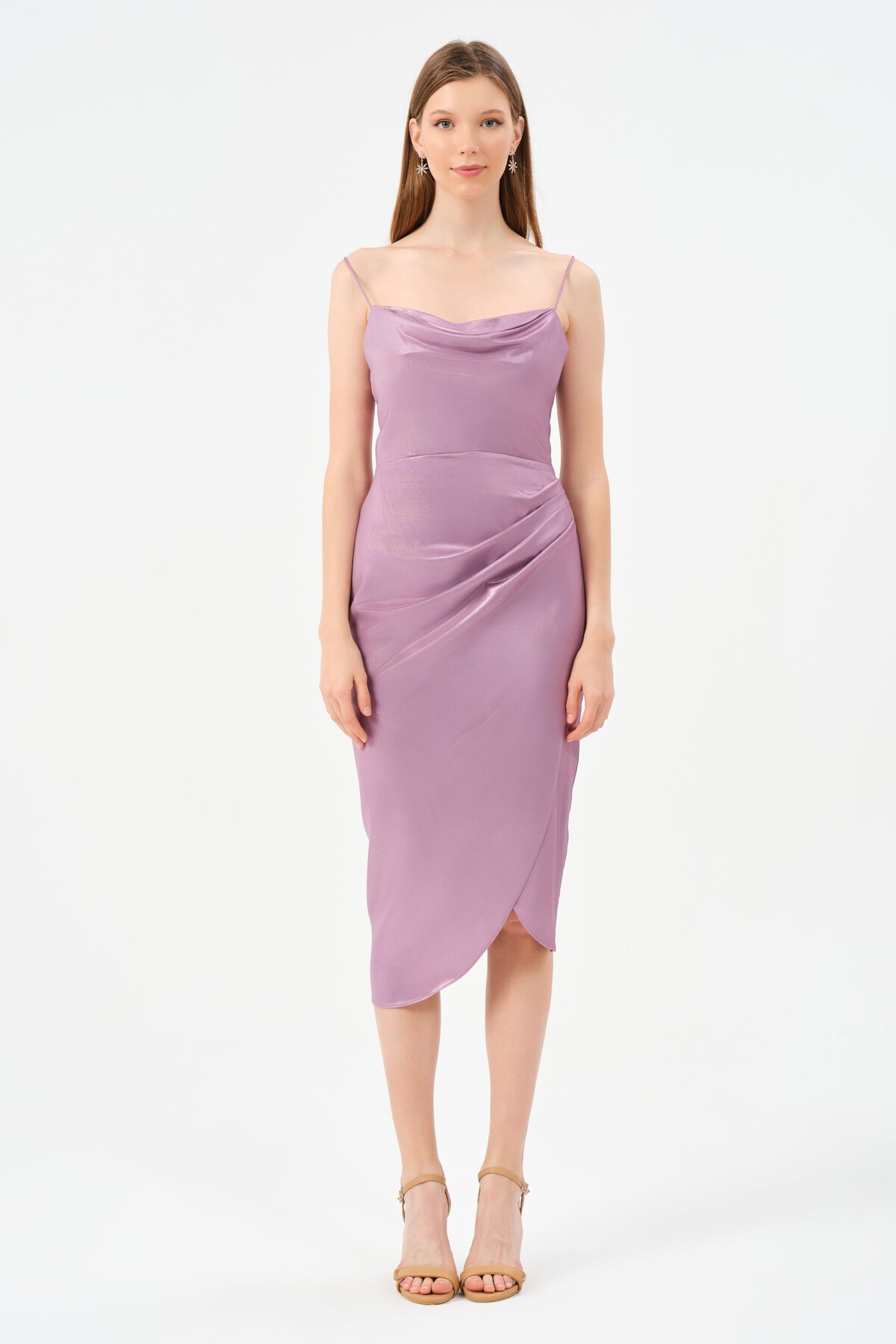 Askılı Drapeli Midi Elbise - 1580