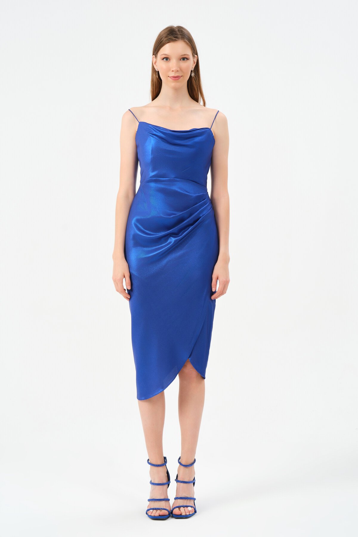 Askılı Drapeli Midi Elbise - 1580