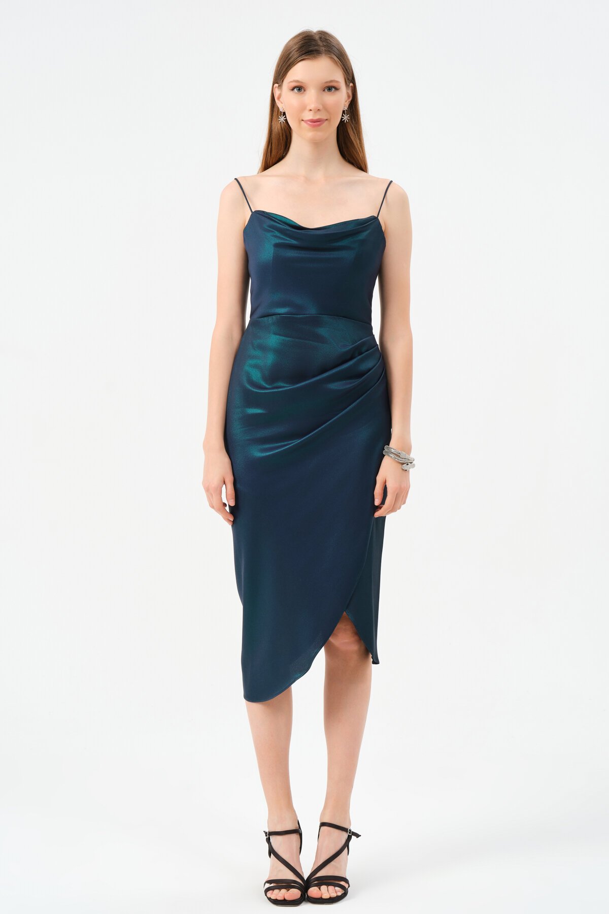 Askılı Drapeli Midi Elbise - 1580