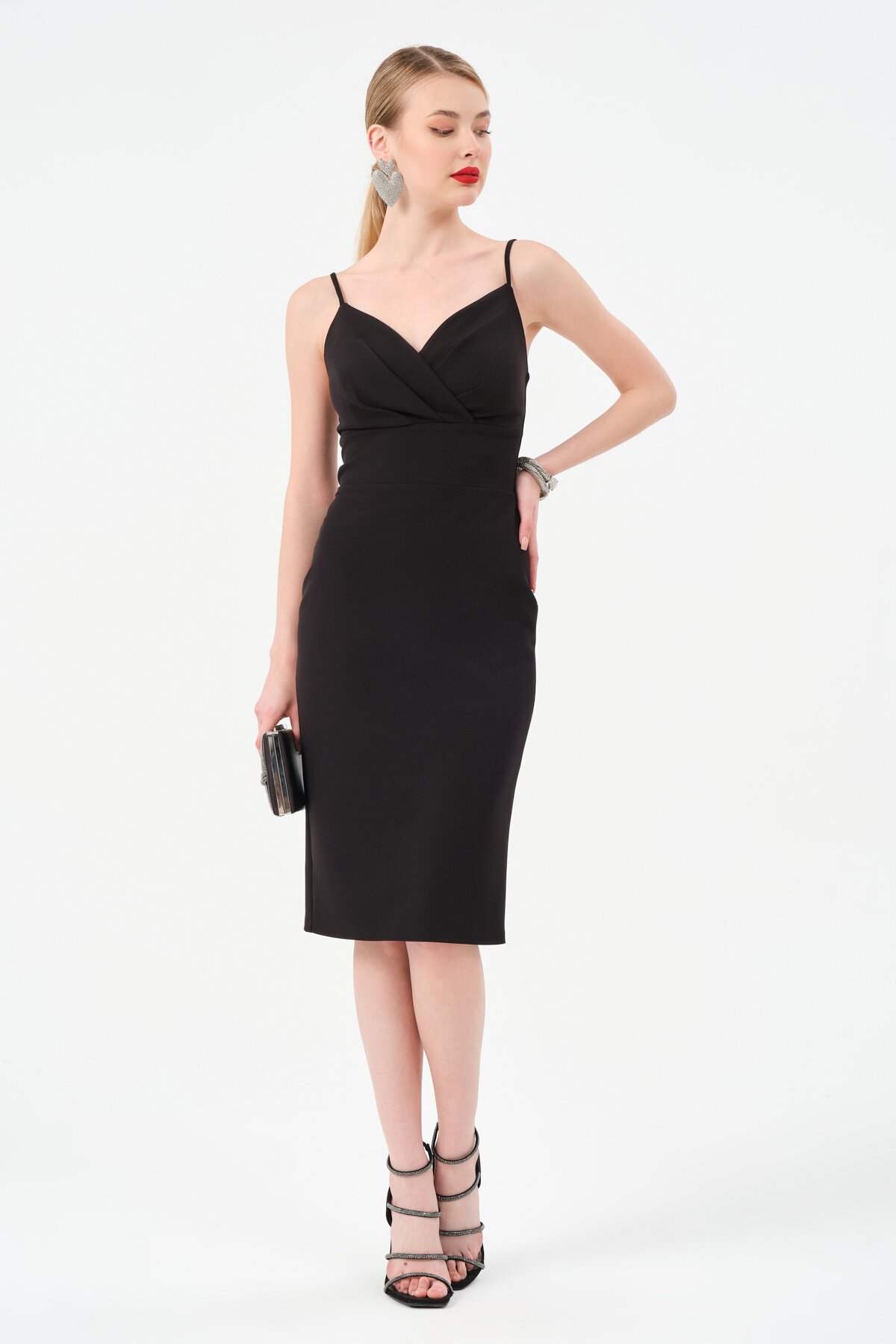 Askılı Kruvaze Yaka Midi Elbise - 1538