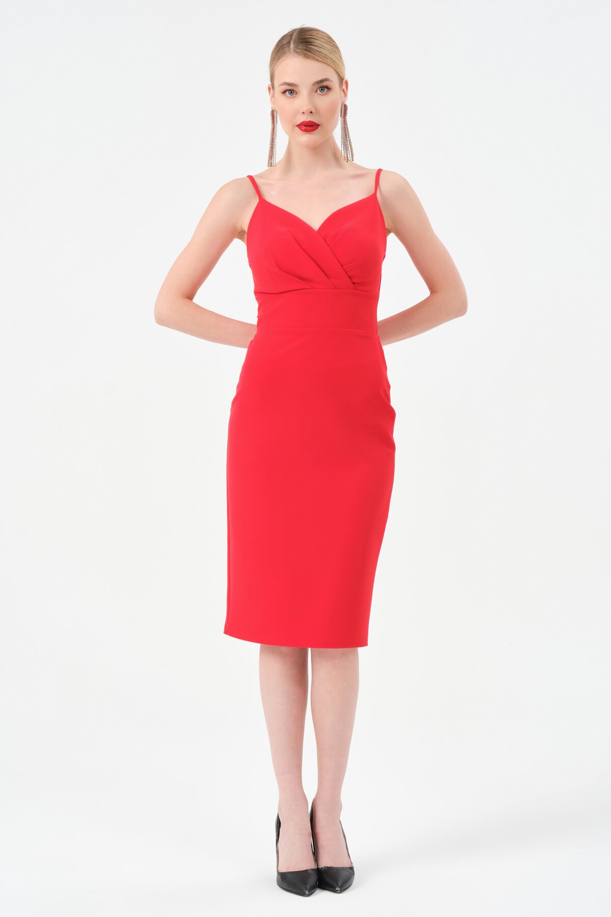 Askılı Kruvaze Yaka Midi Elbise - 1538