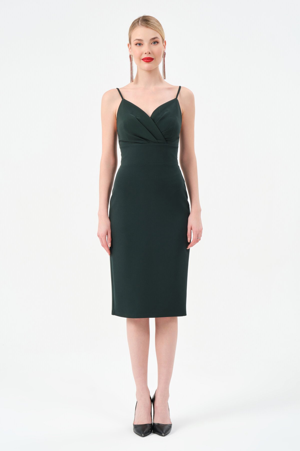 Askılı Kruvaze Yaka Midi Elbise - 1538