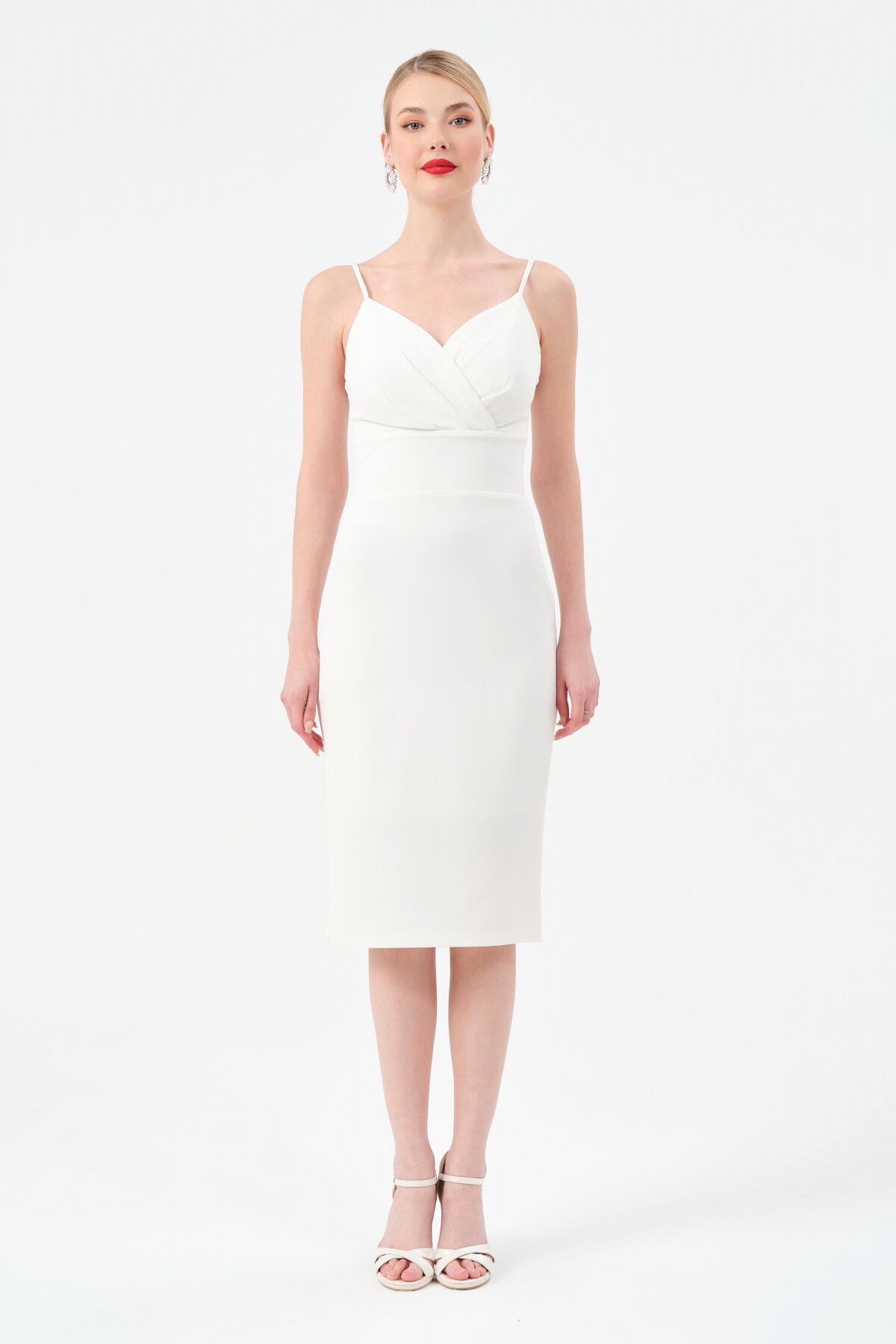 Askılı Kruvaze Yaka Midi Elbise - 1538