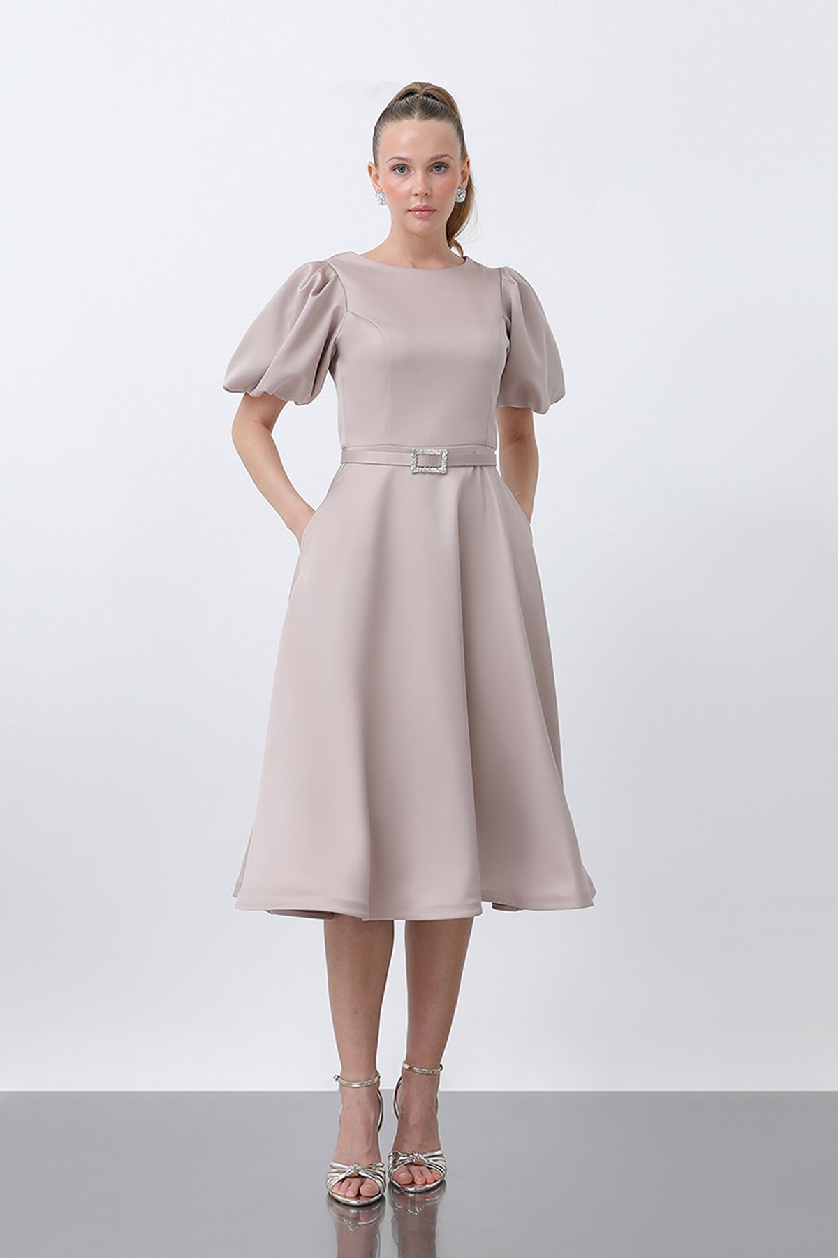 Balon Kol Midi Elbise - 1232