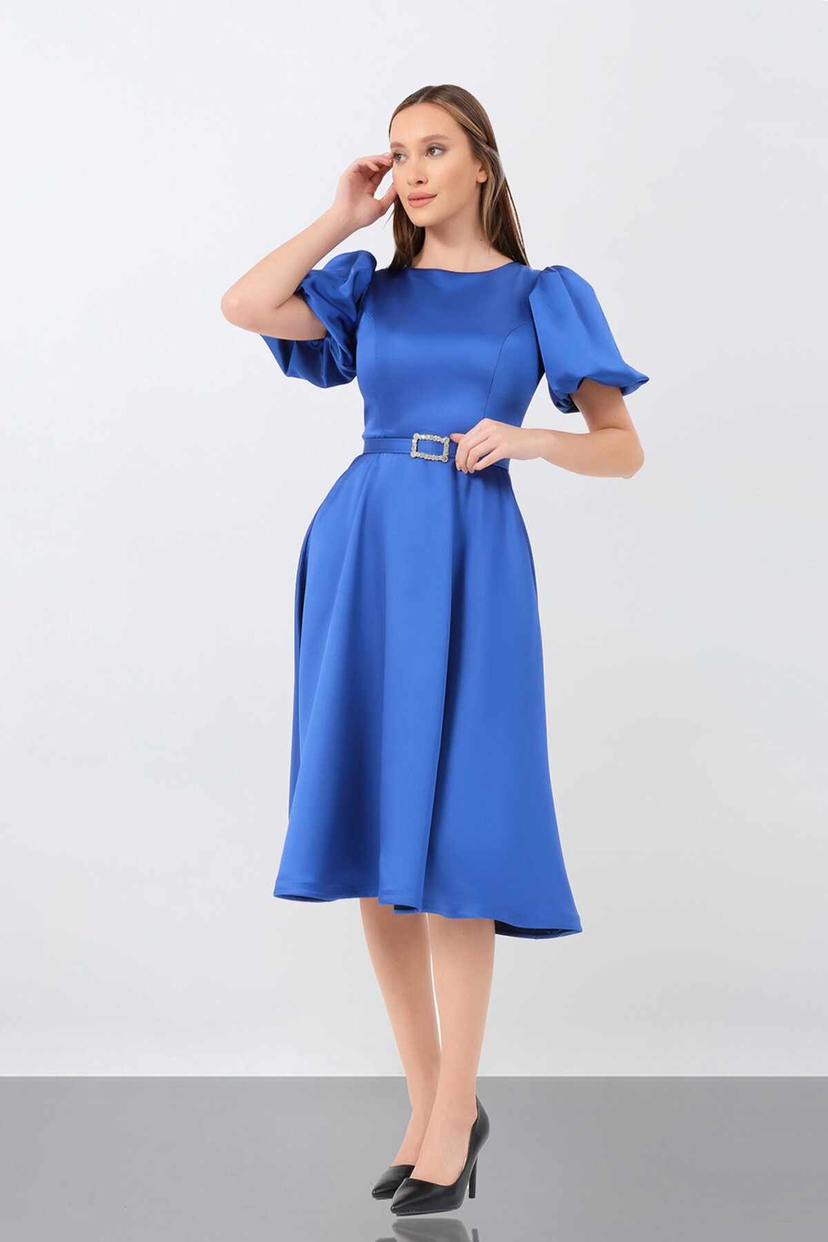 Balon Kol Midi Elbise - 1232