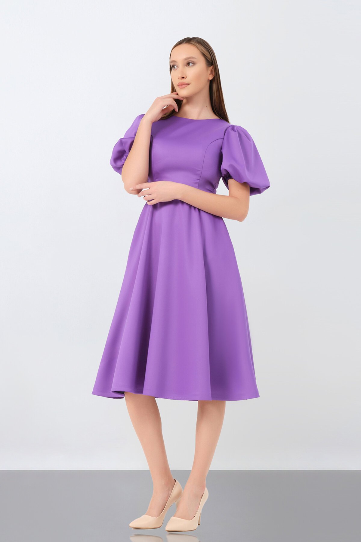 Balon Kol Midi Elbise - 1232