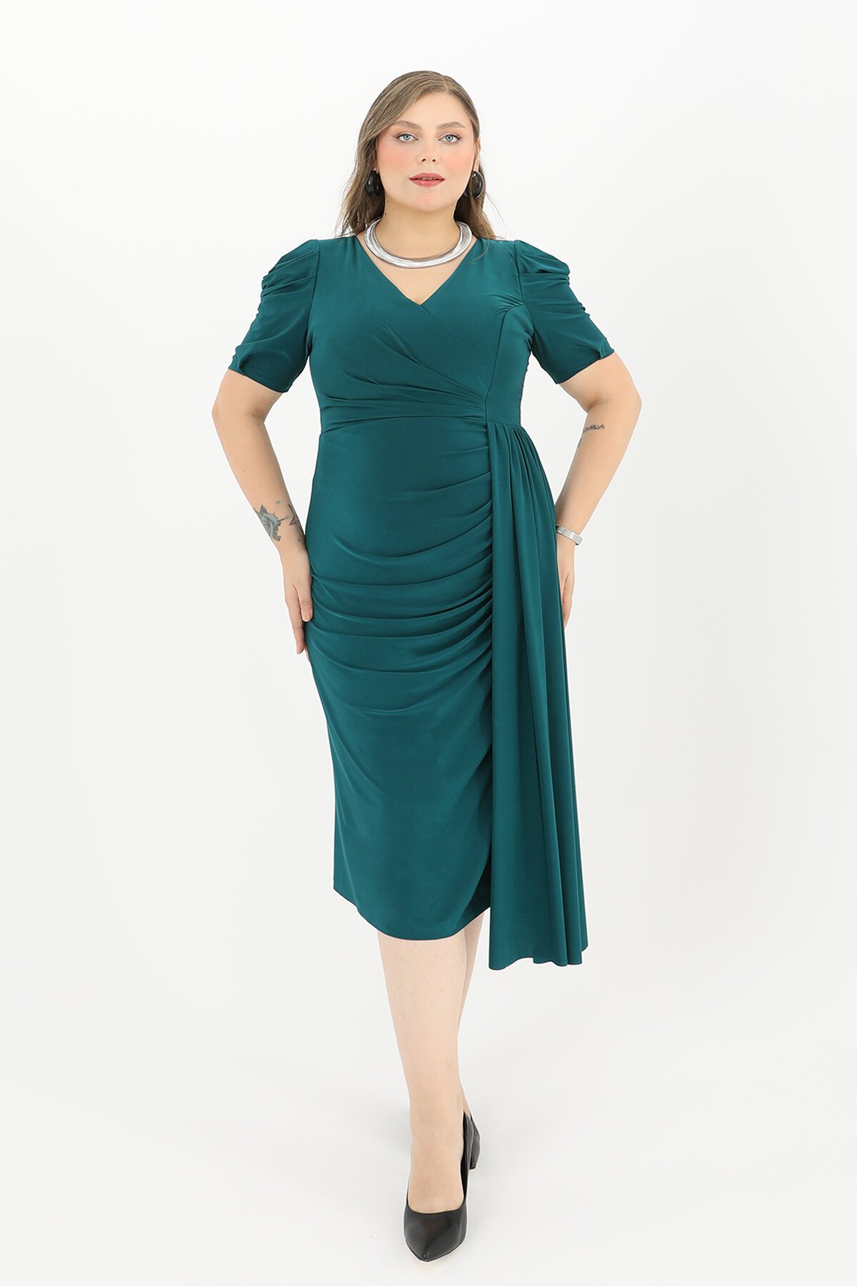 Balon Kollu Drapeli Midi Elbise - 1645