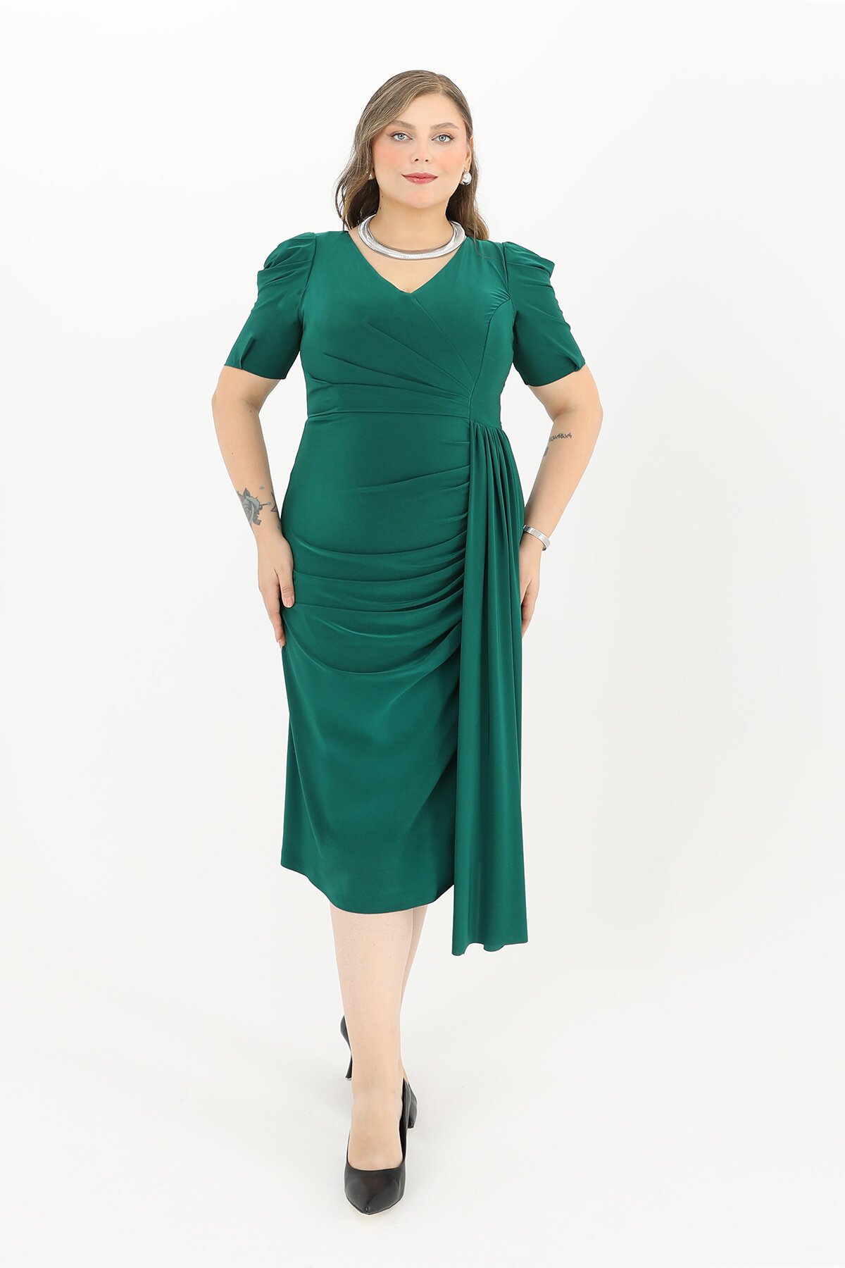 Balon Kollu Drapeli Midi Elbise - 1645