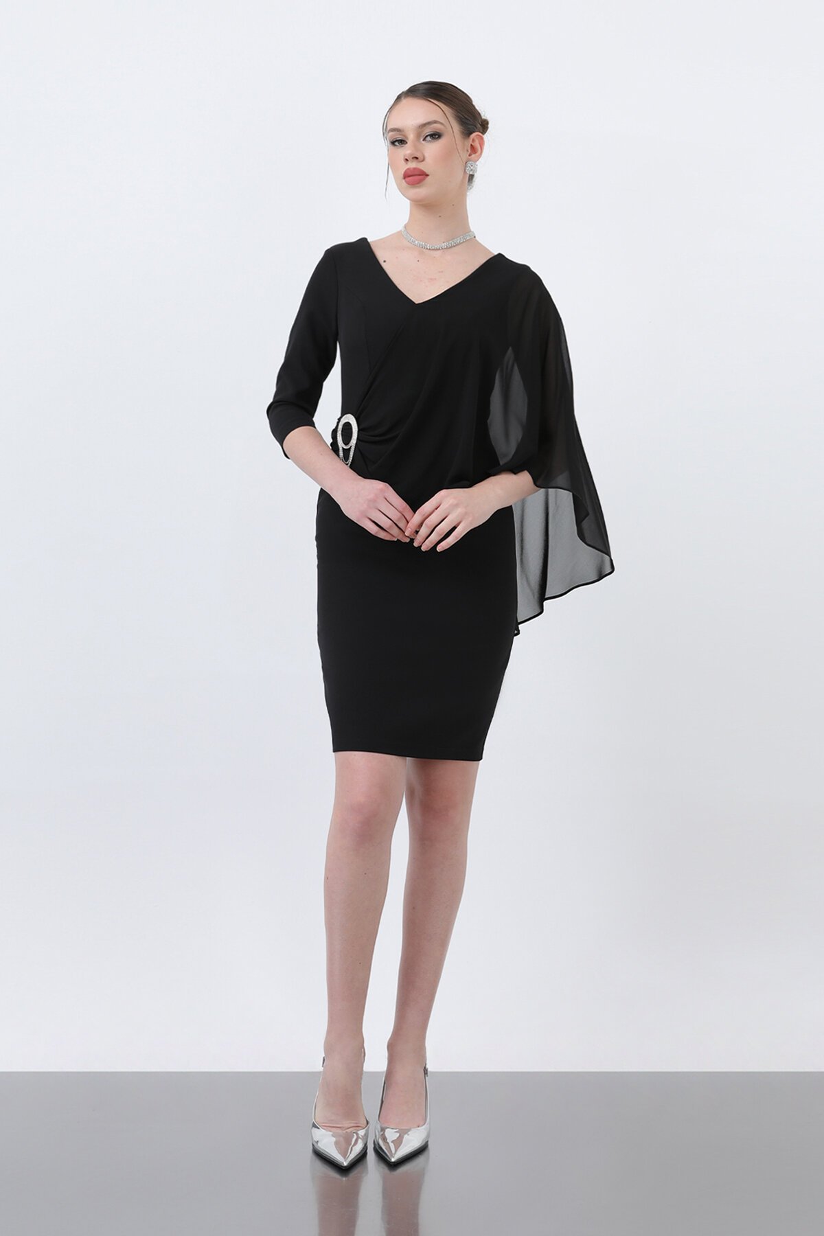 Broş Detaylı Kalem Elbise - 1664