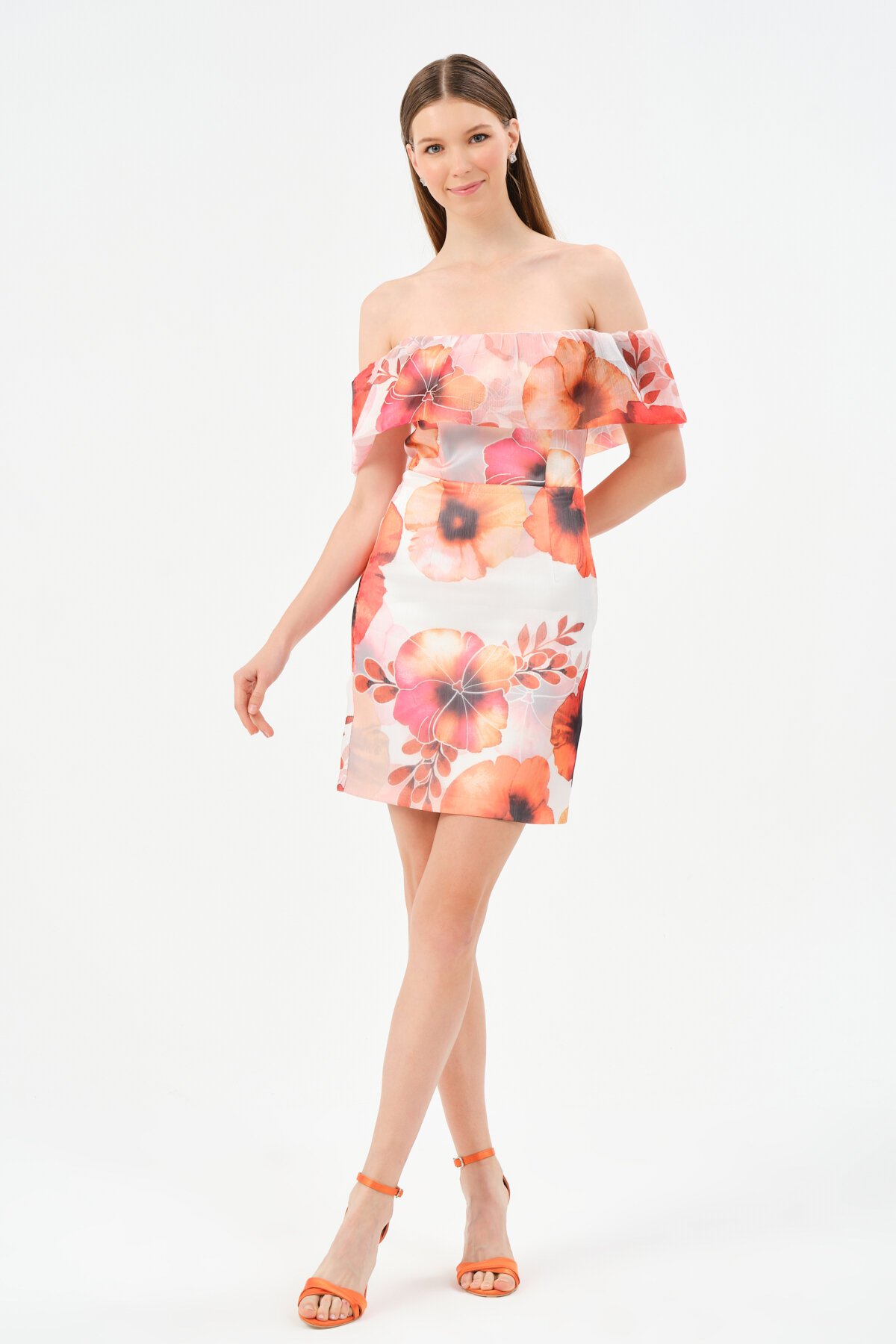 Çiçek Desenli Kayık Yaka Mini Elbise - 1530