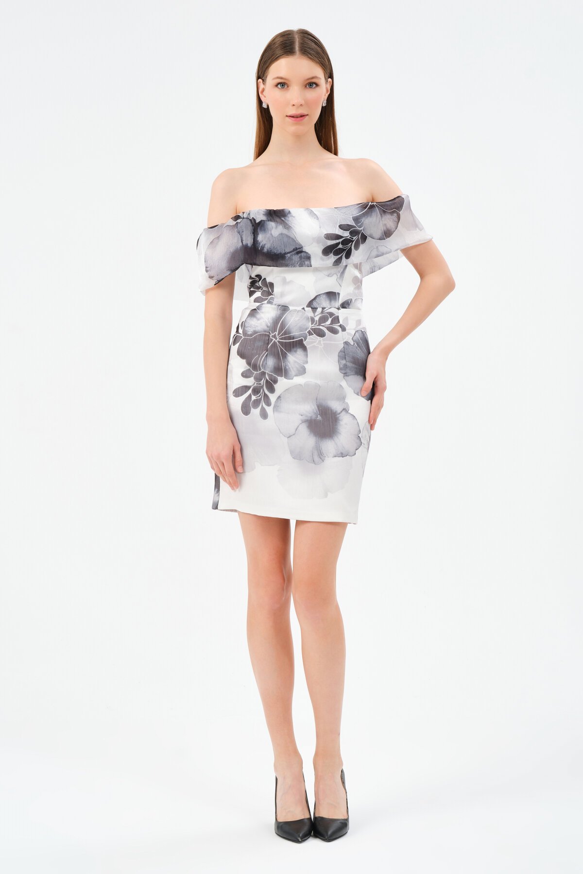 Çiçek Desenli Kayık Yaka Mini Elbise - 1530