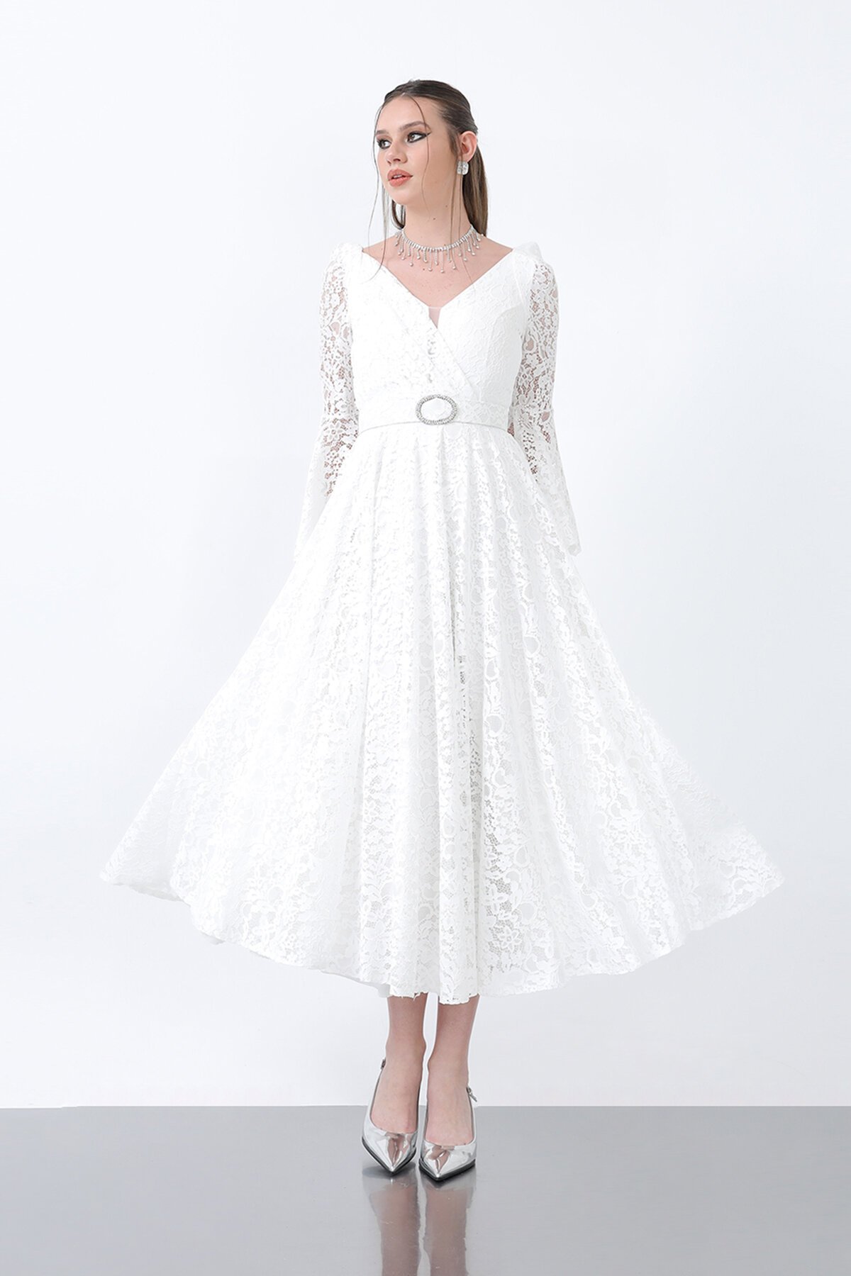 Dantelli Kemer Detaylı Midi Elbise - 1636