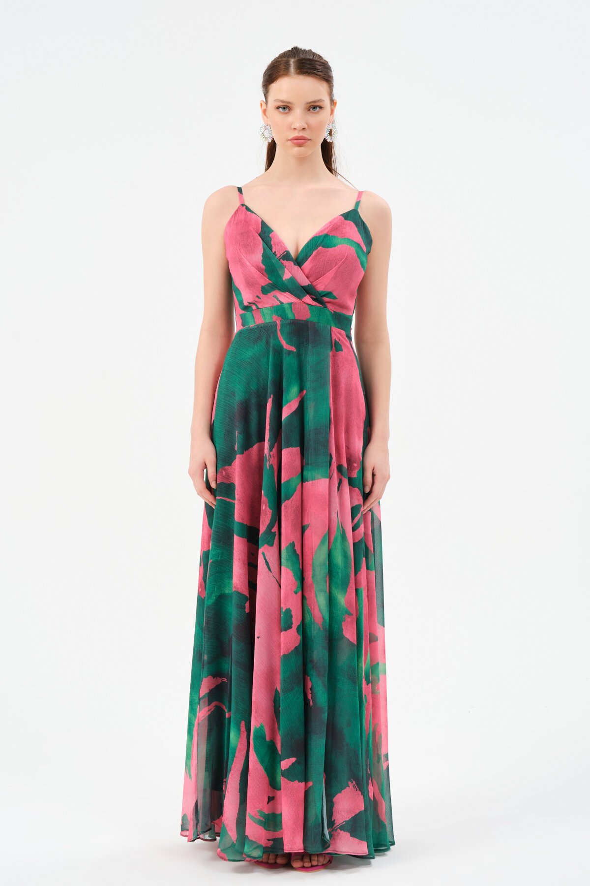 Desenli Kruvaze Yaka Askılı Elbise - 1526