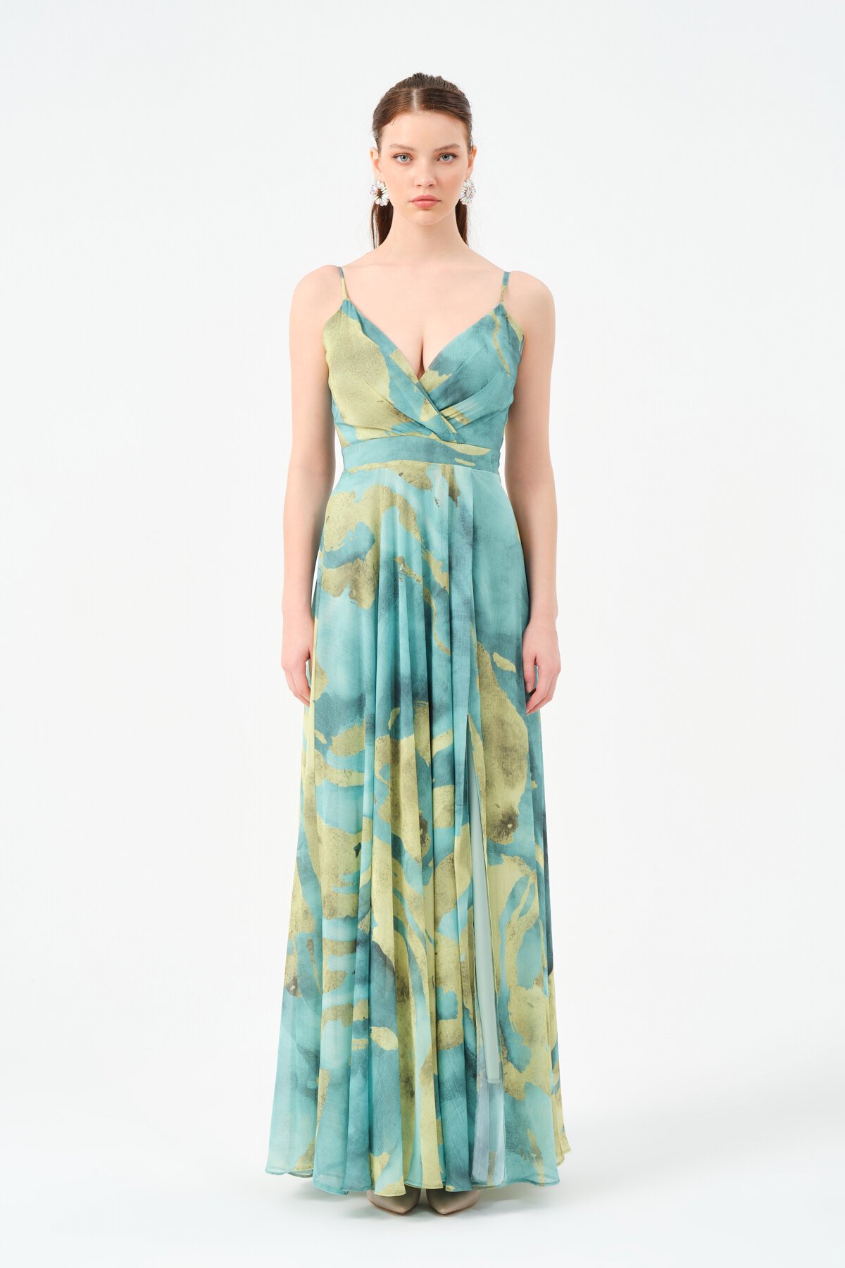 Desenli Kruvaze Yaka Askılı Elbise - 1526