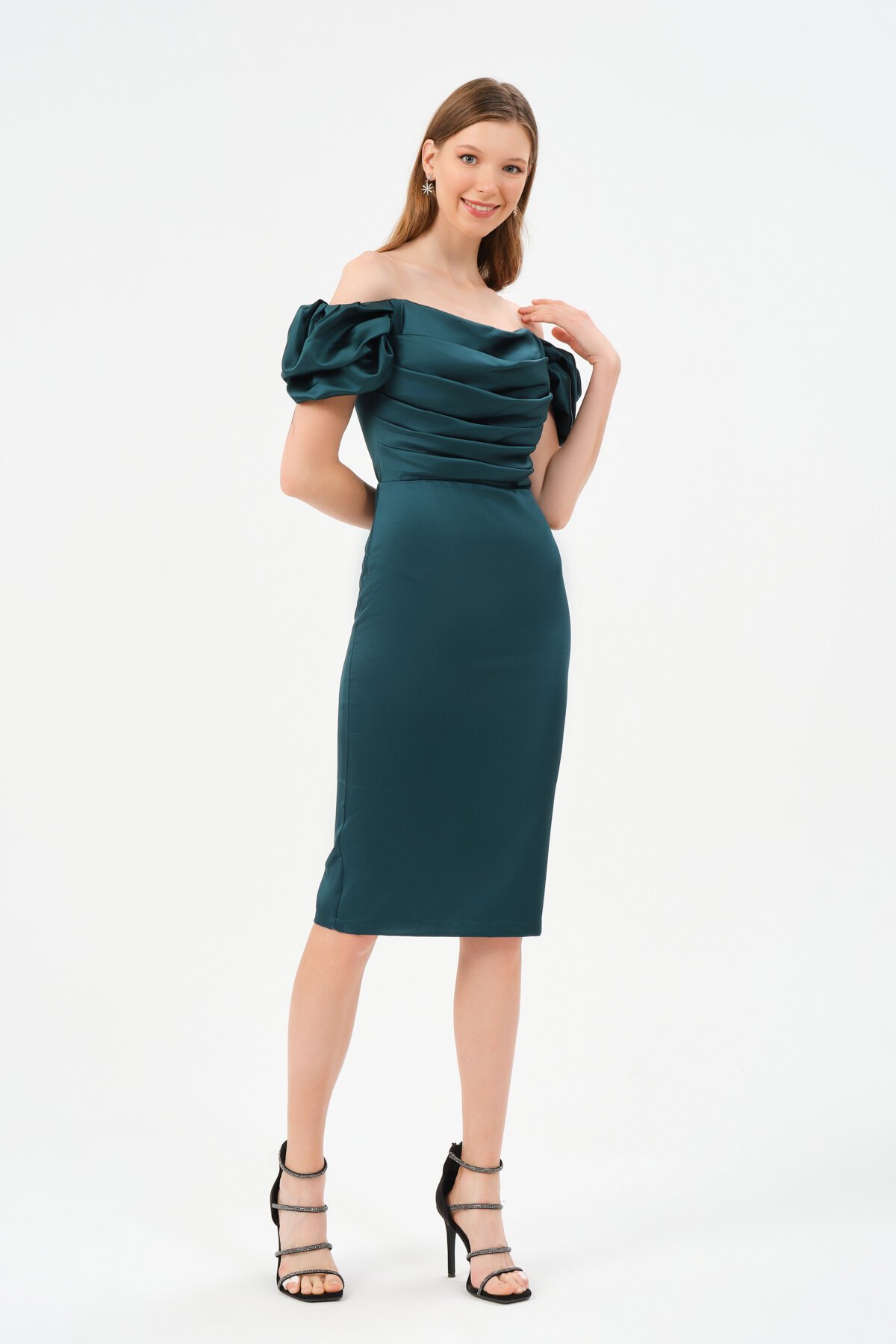 Drape Detaylı Midi Elbise - 1513