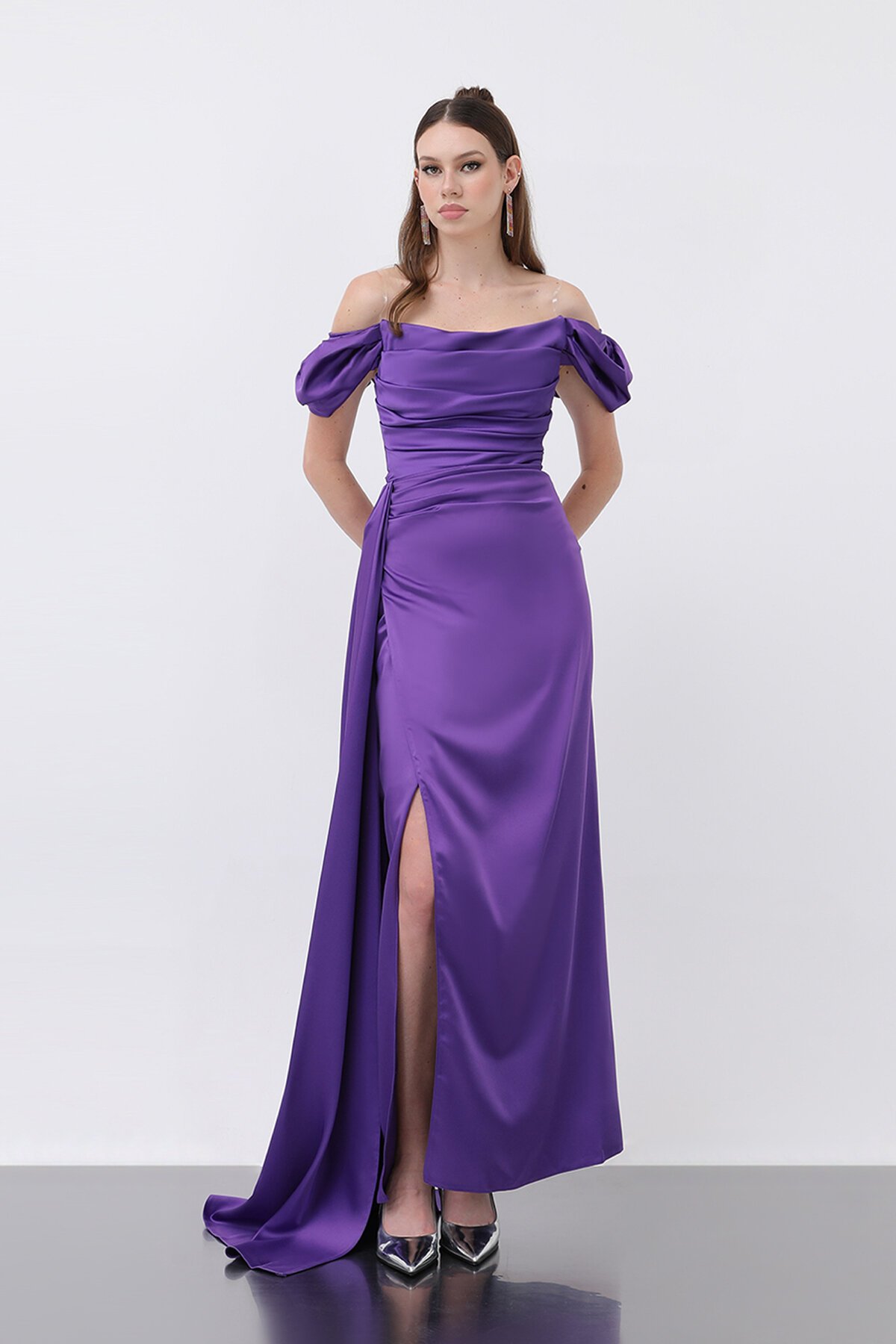 Drapeli Yırtmaçlı Elbise - 1499