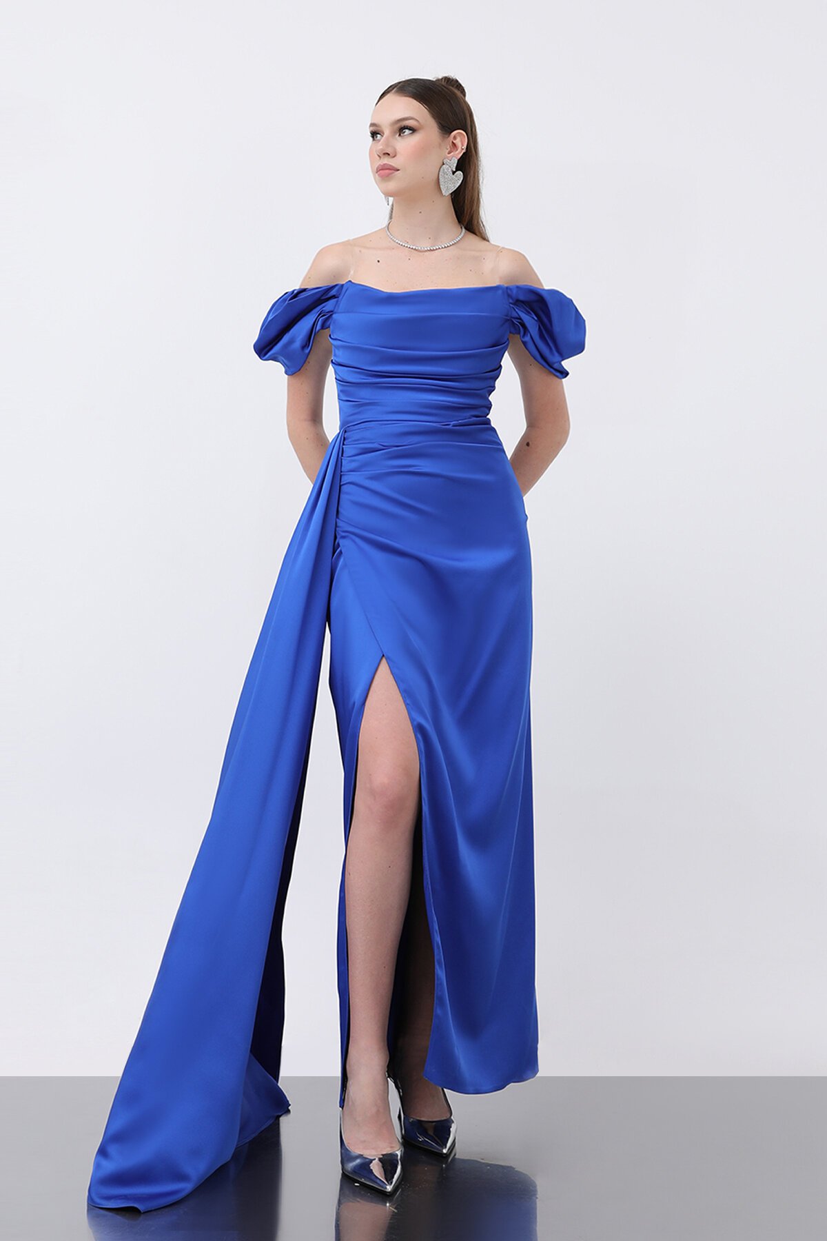 Drapeli Yırtmaçlı Elbise - 1499