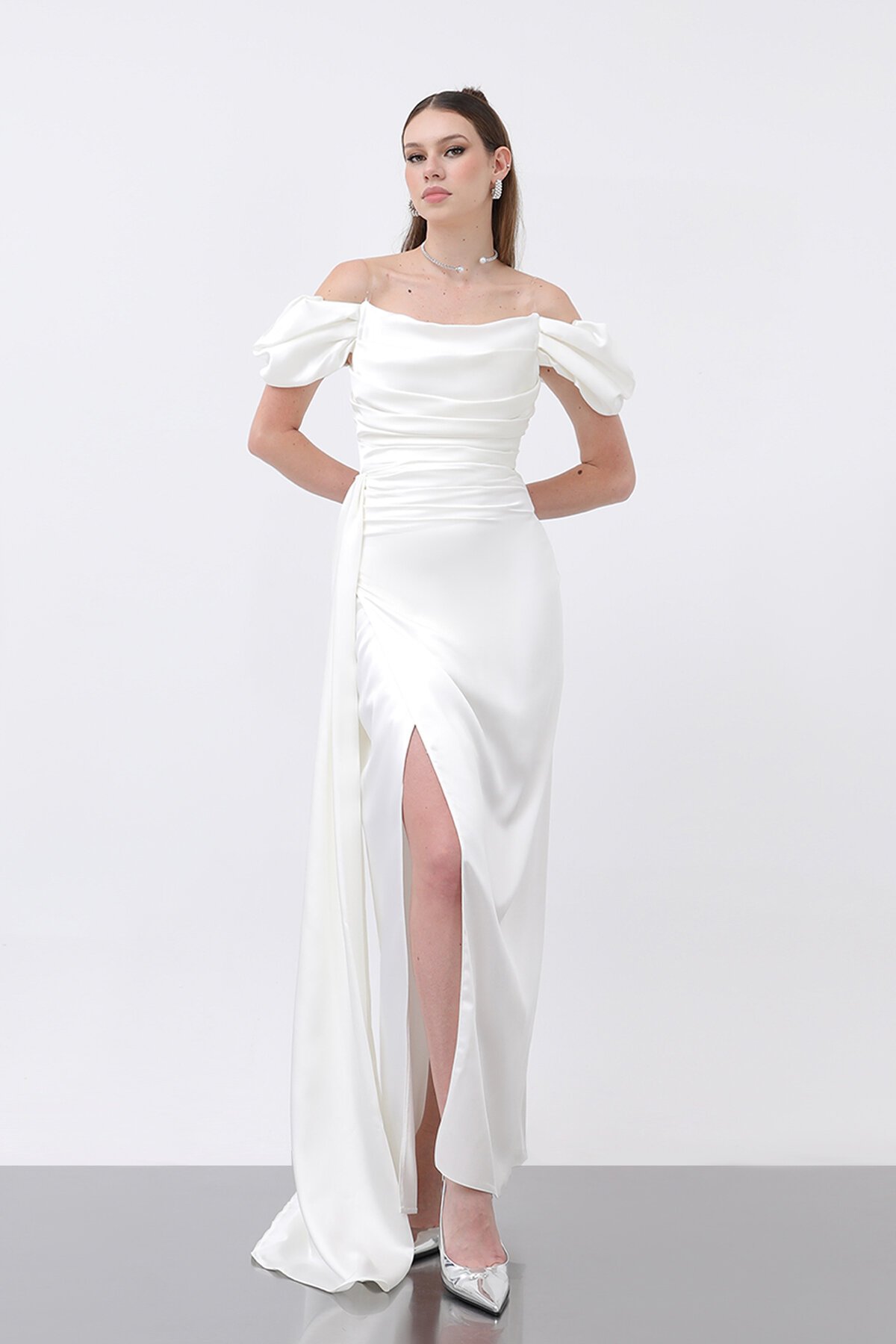 Drapeli Yırtmaçlı Elbise - 1499