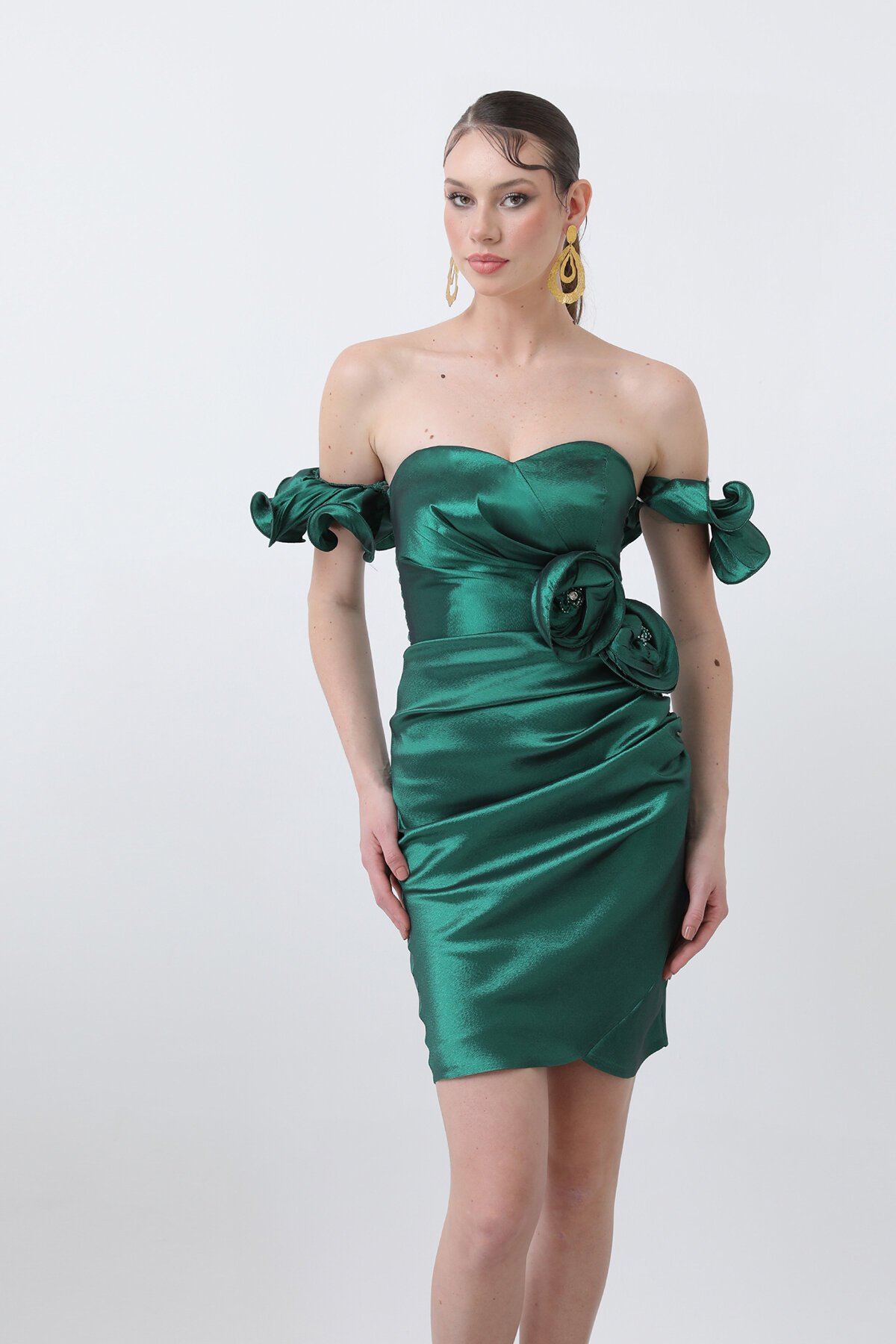 Drapeli Kayık Yaka Mini Elbise - 1692