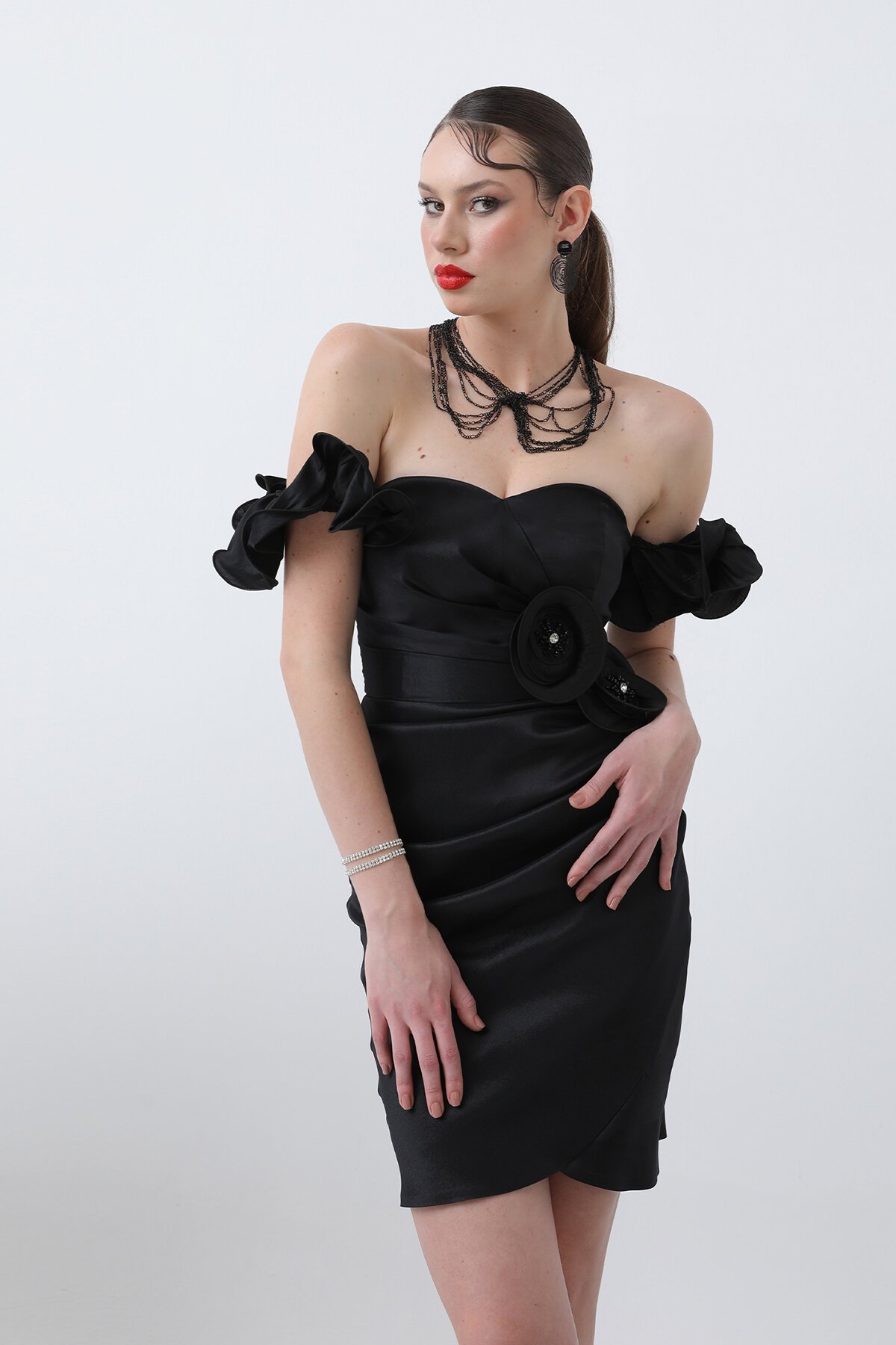 Drapeli Kayık Yaka Mini Elbise - 1692