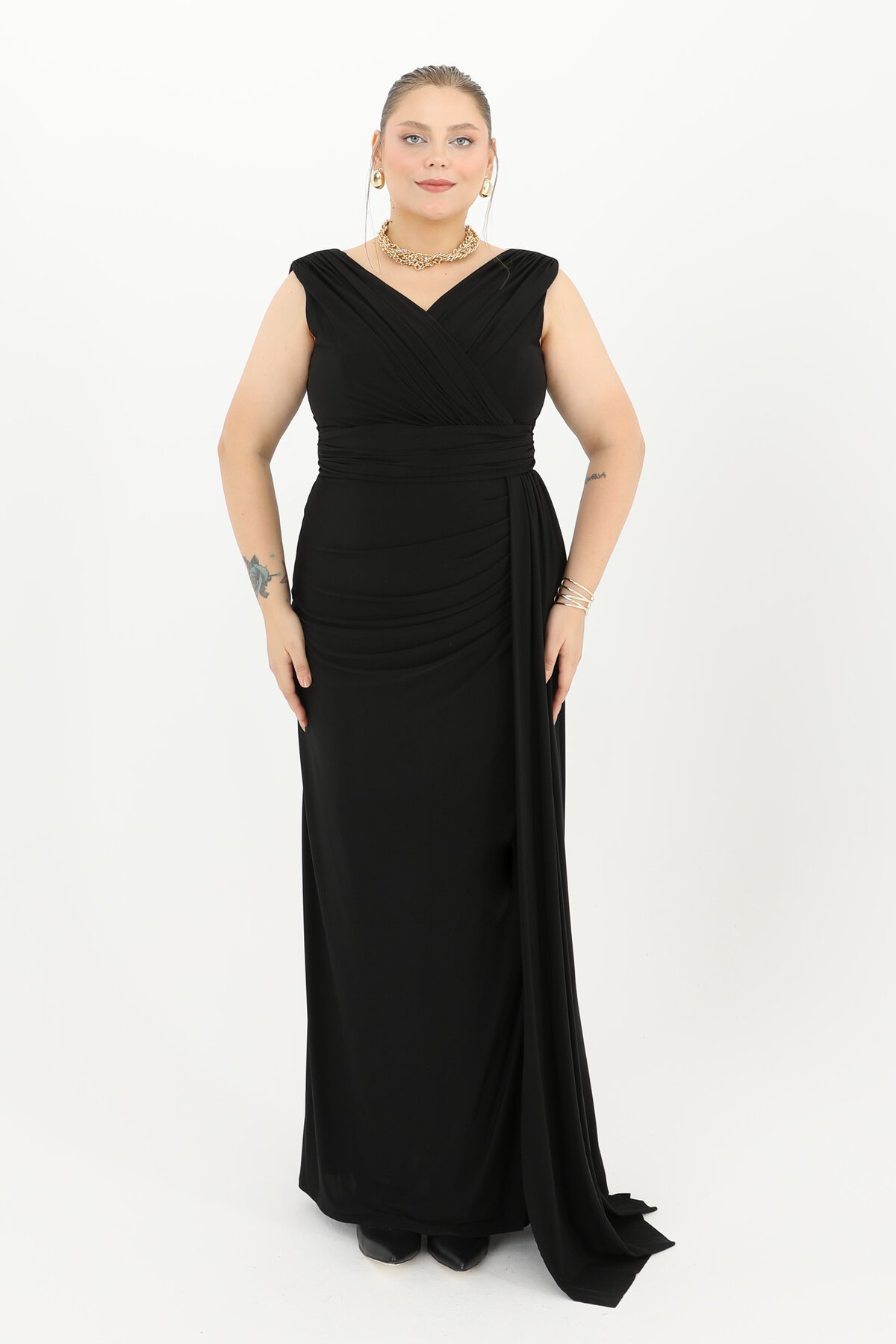 Drapeli Kruvaze Yaka Uzun Elbise - 1648