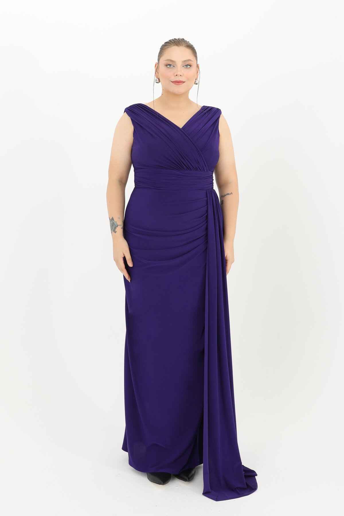 Drapeli Kruvaze Yaka Uzun Elbise - 1648