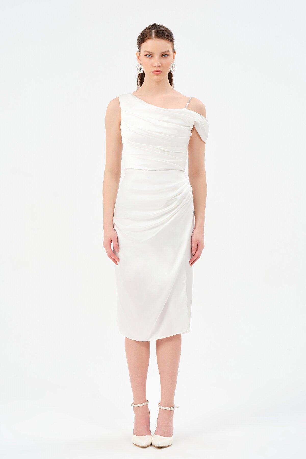 Drapeli Omuz Detaylı Midi Elbise - 1506