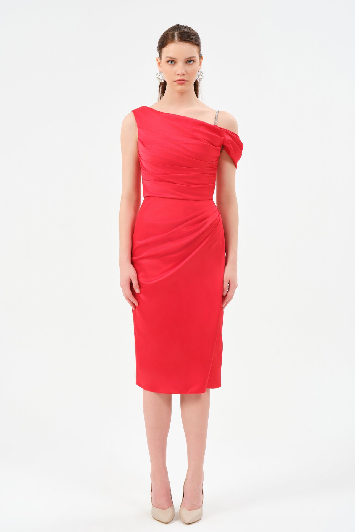 Drapeli Omuz Detaylı Midi Elbise - 1506