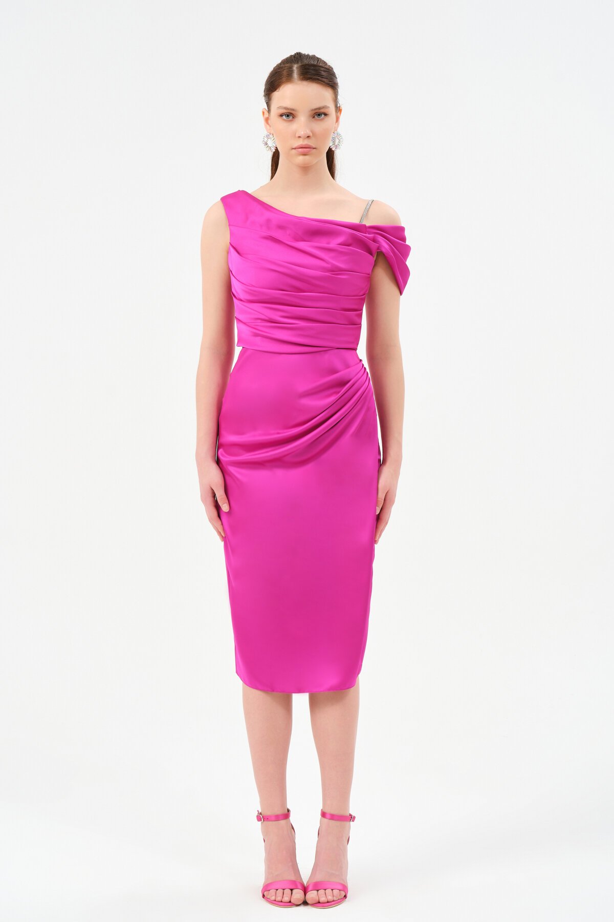 Drapeli Omuz Detaylı Midi Elbise - 1506