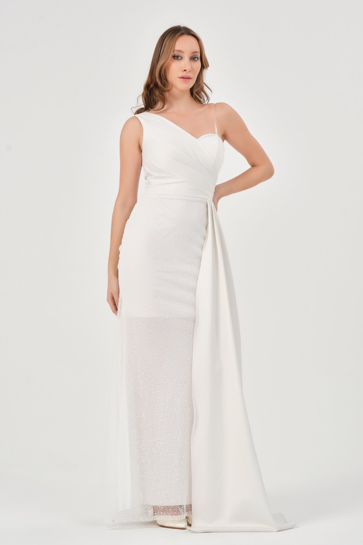 Drape Detaylı Tek Omuz Elbise - 1557