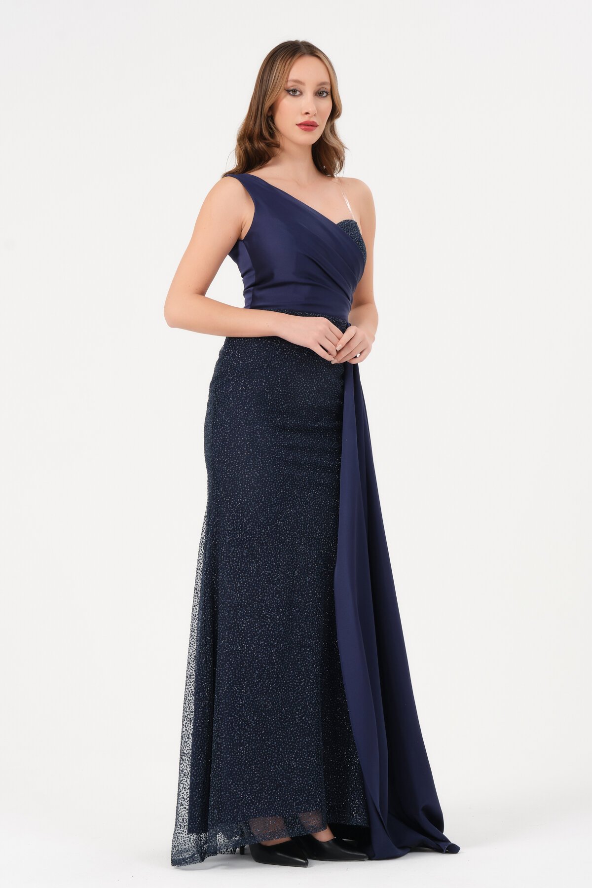 Drape Detaylı Tek Omuz Elbise - 1557