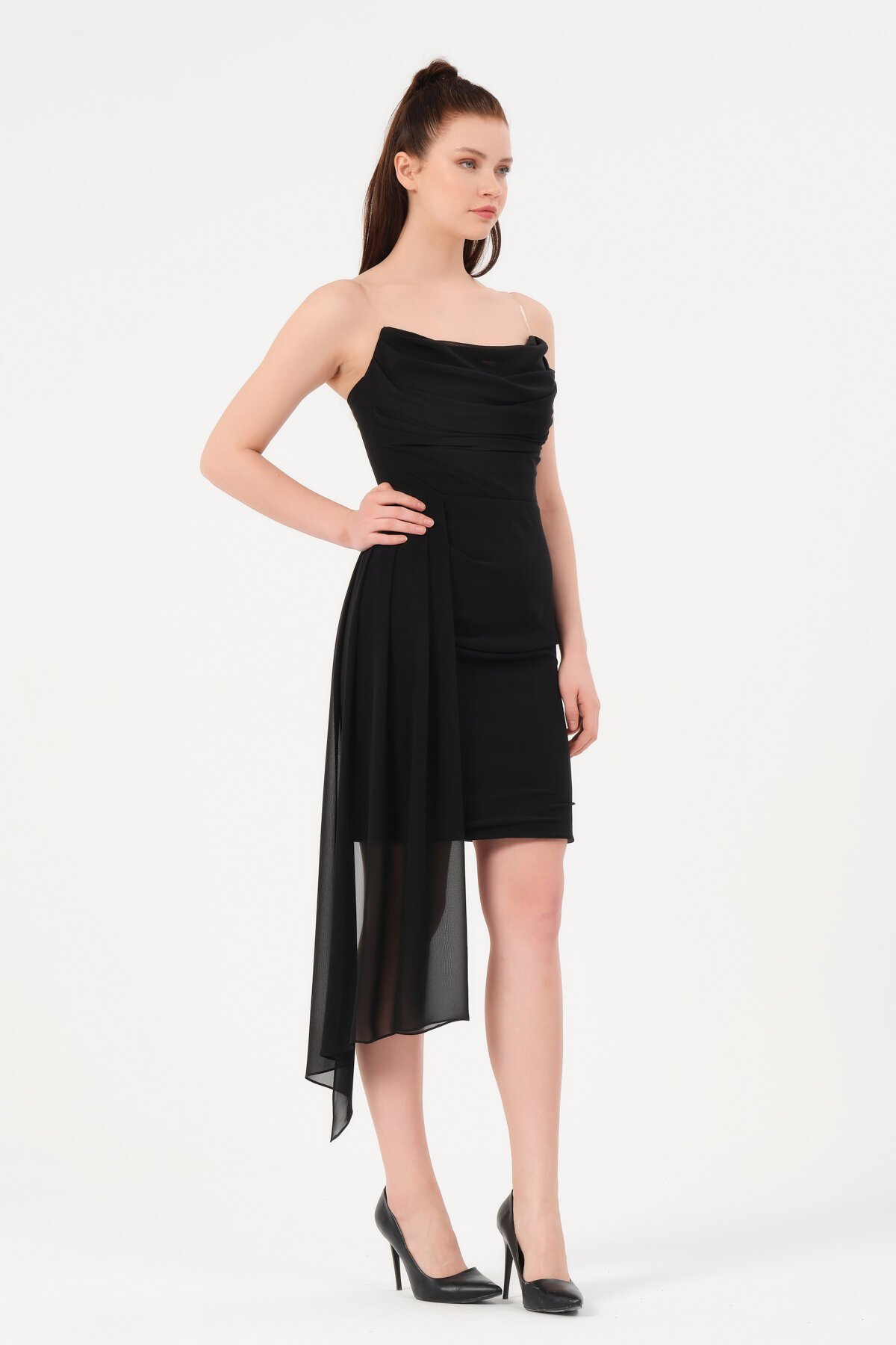 Drapeli Şifon Detaylı Straplez Elbise - 1598