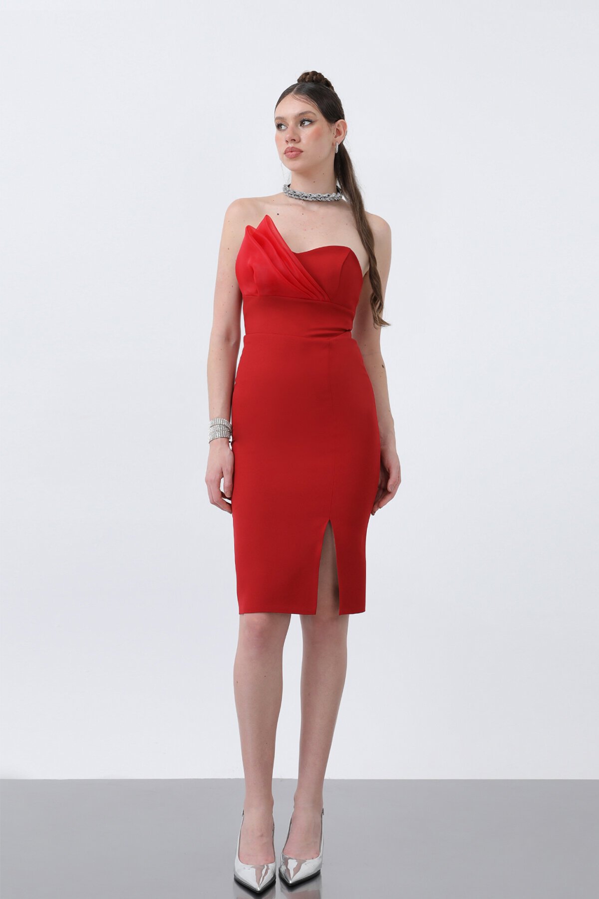 Drapeli Straplez Midi Elbise - 1864