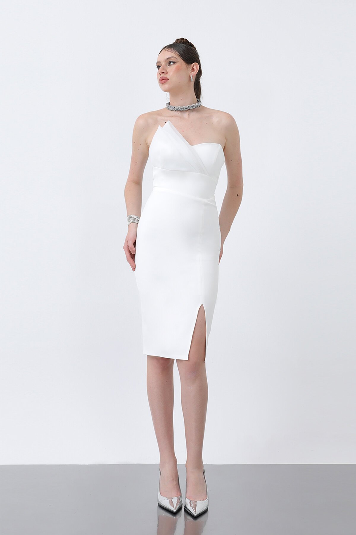 Drapeli Straplez Midi Elbise - 1864