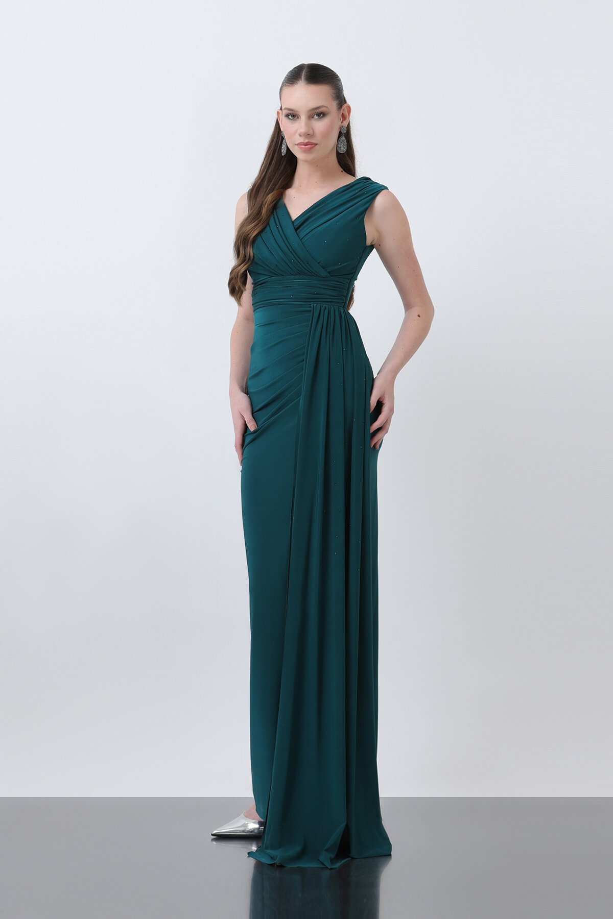 Drapeli Taş Detaylı Uzun Elbise - 1638