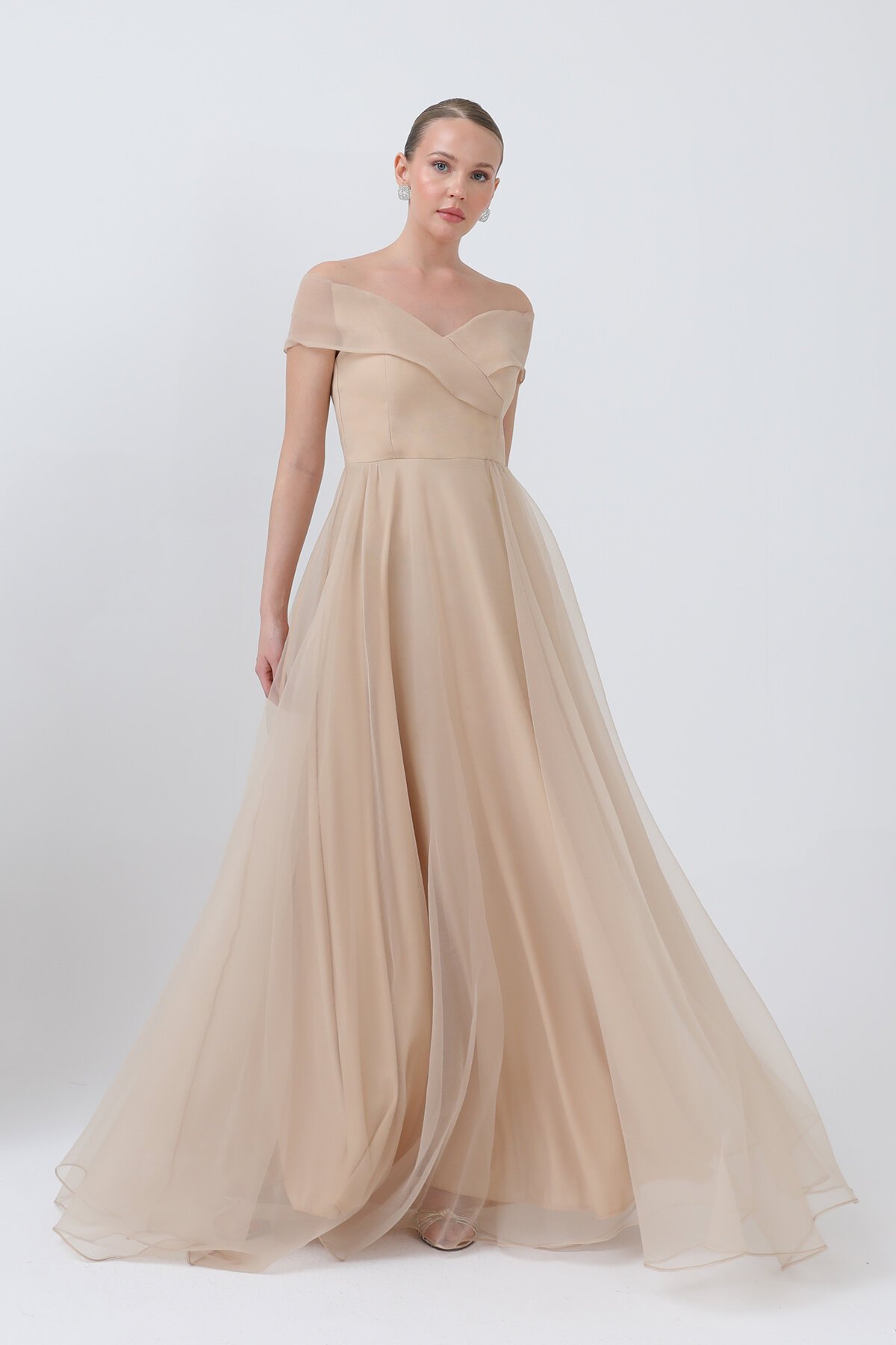 Kayık Yakalı Tül Elbise - 1697