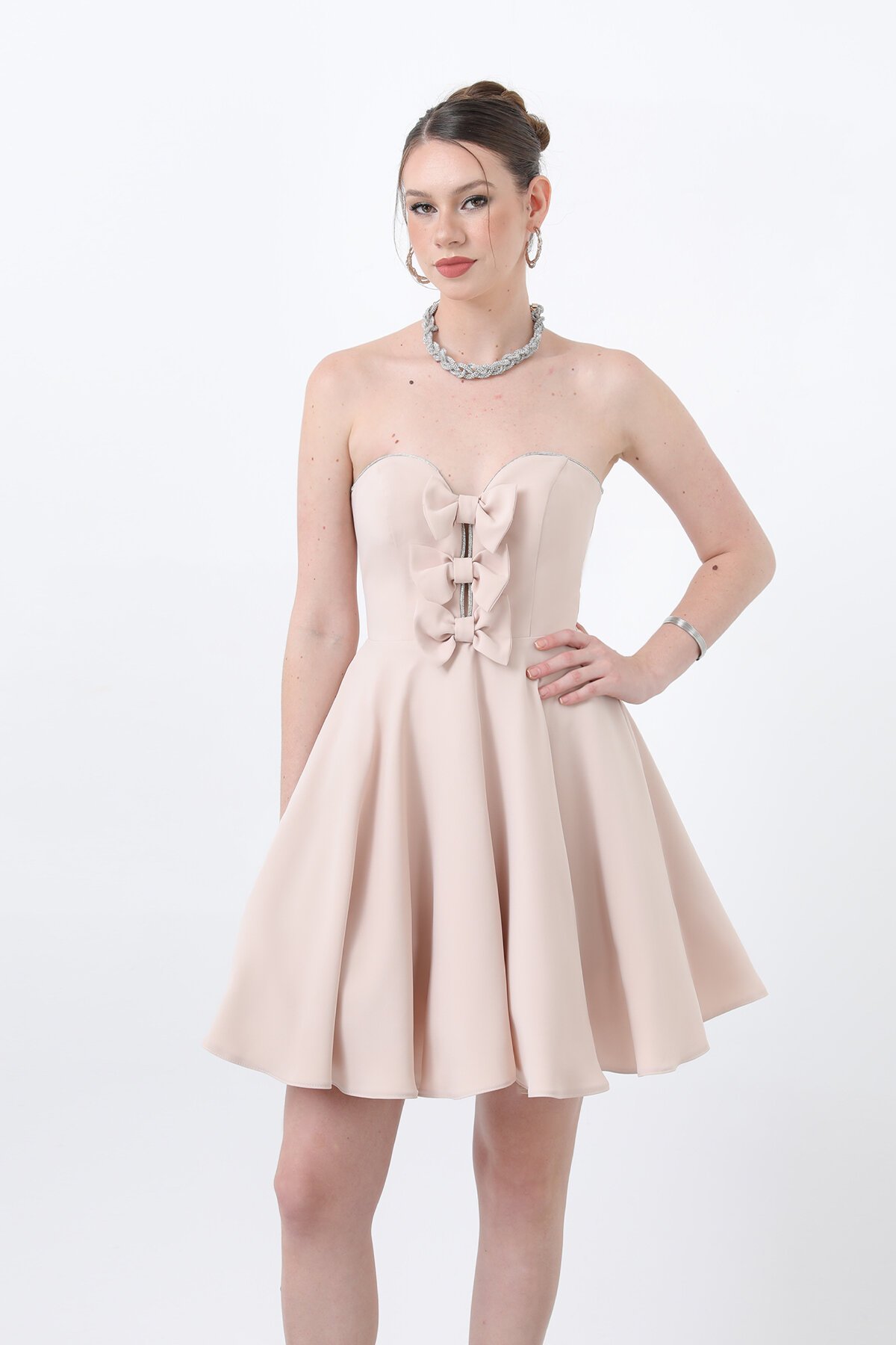 Fiyonklu Straplez Mini Elbise - 1825