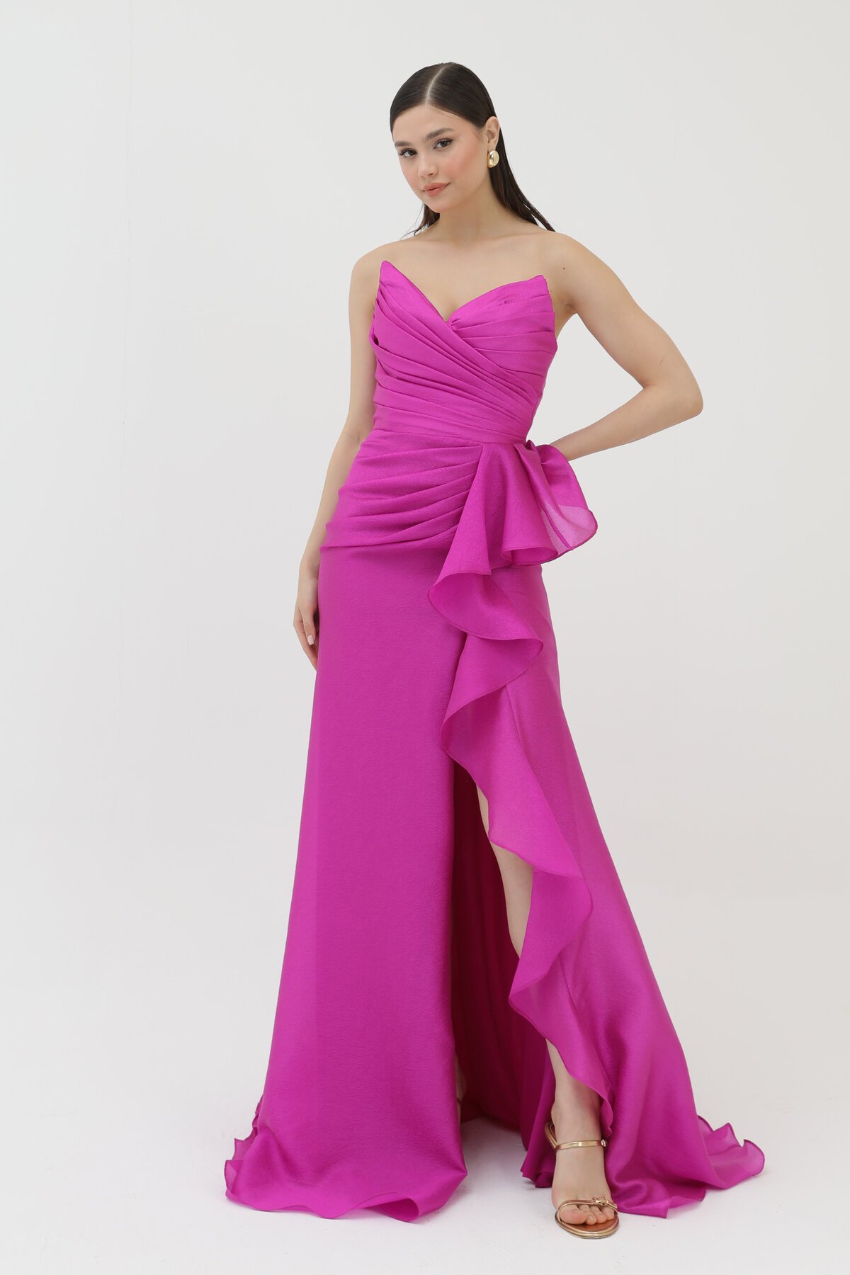 Drapeli Volan Detaylı Yırtmaçlı Elbise - 1759