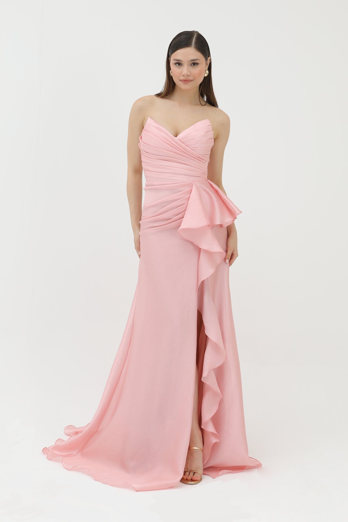 Drapeli Volan Detaylı Yırtmaçlı Elbise - 1759