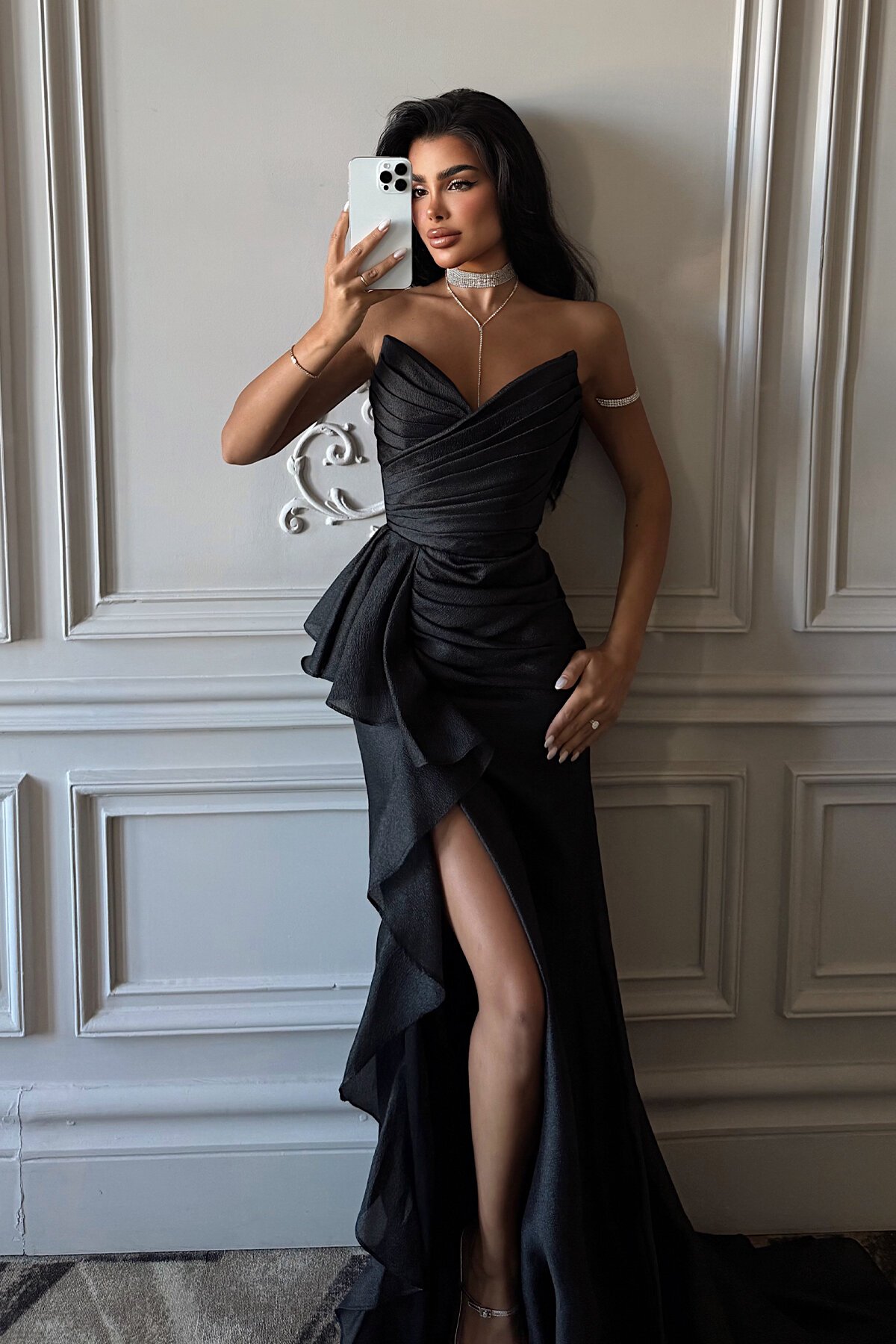 Drapeli Volan Detaylı Yırtmaçlı Elbise - 1759