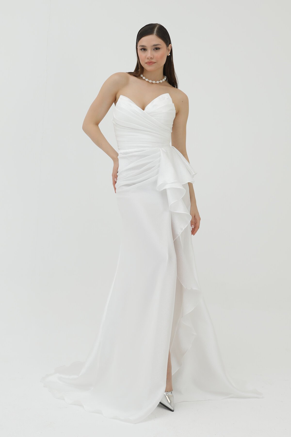 Drapeli Volan Detaylı Yırtmaçlı Elbise - 1759